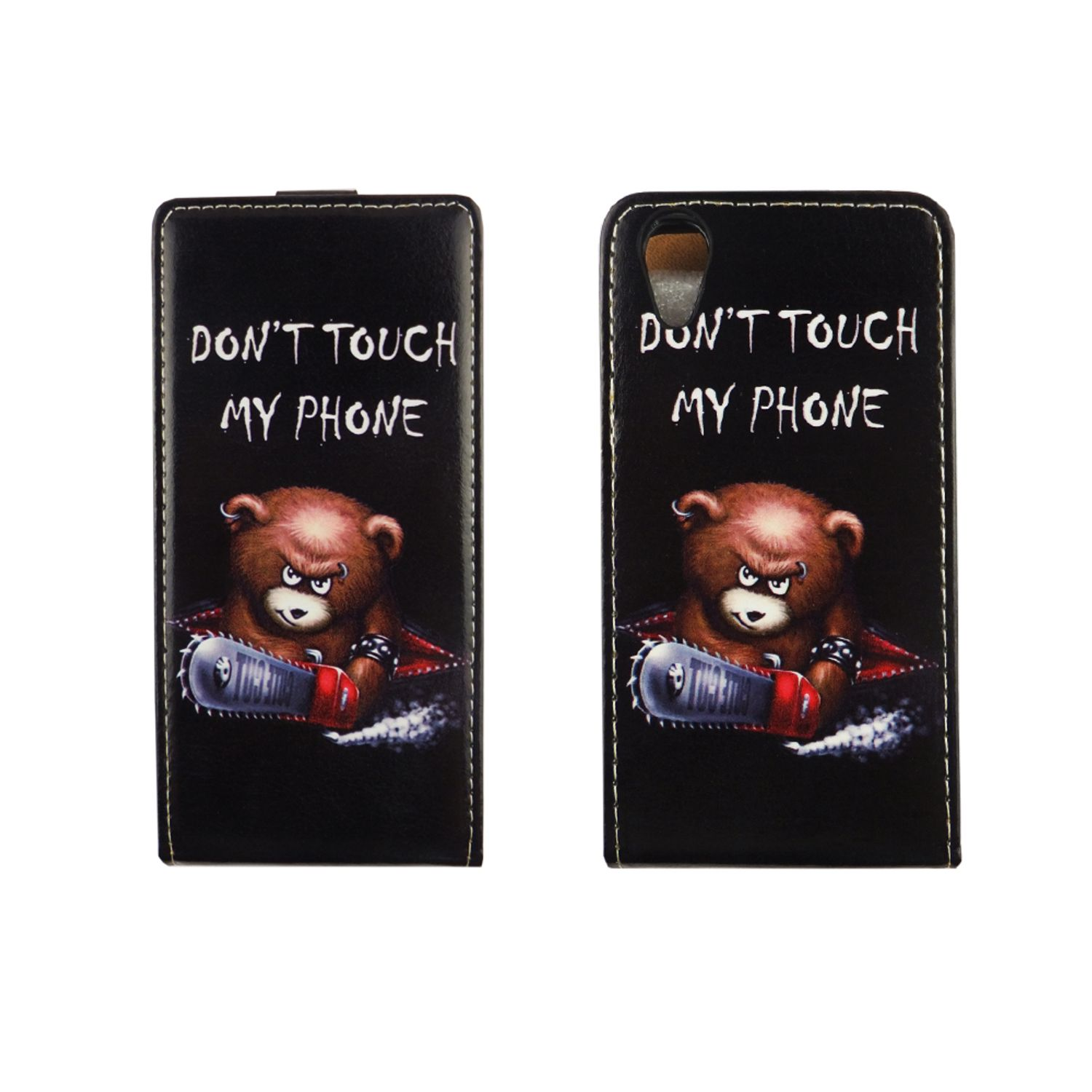 Schwarze Handyhülle mit Bär, der eine Kettensäge hält, mit Text: DON'T TOUCH MY PHONE.