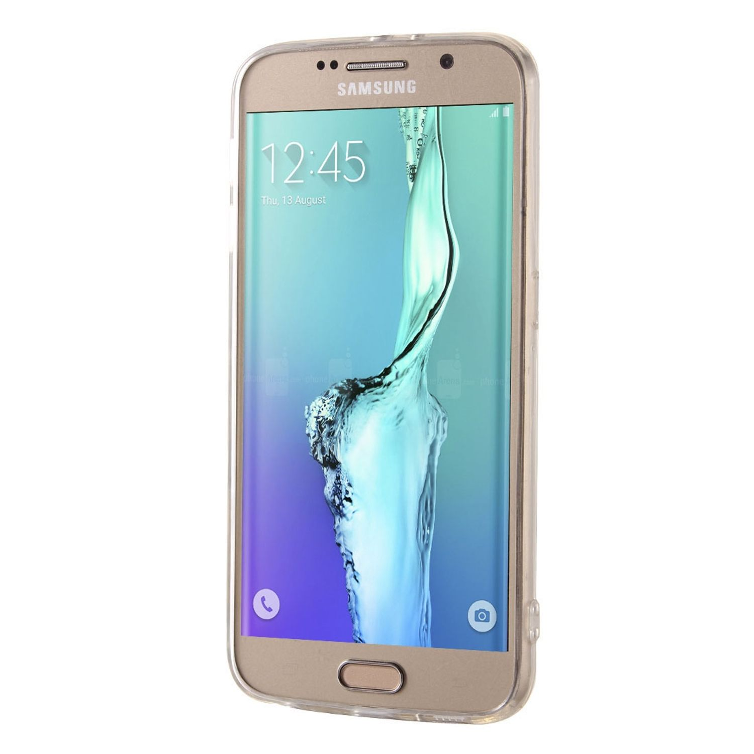 Ein goldenes Telefon in einer transparenten Hülle, das Zeit und Datum auf dem Bildschirm anzeigt.