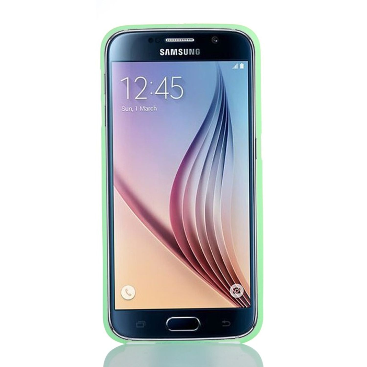 Ein Samsung-Telefon mit grüner Hülle zeigt die Uhrzeit 12:45 Uhr auf einem bunten Hintergrund an.