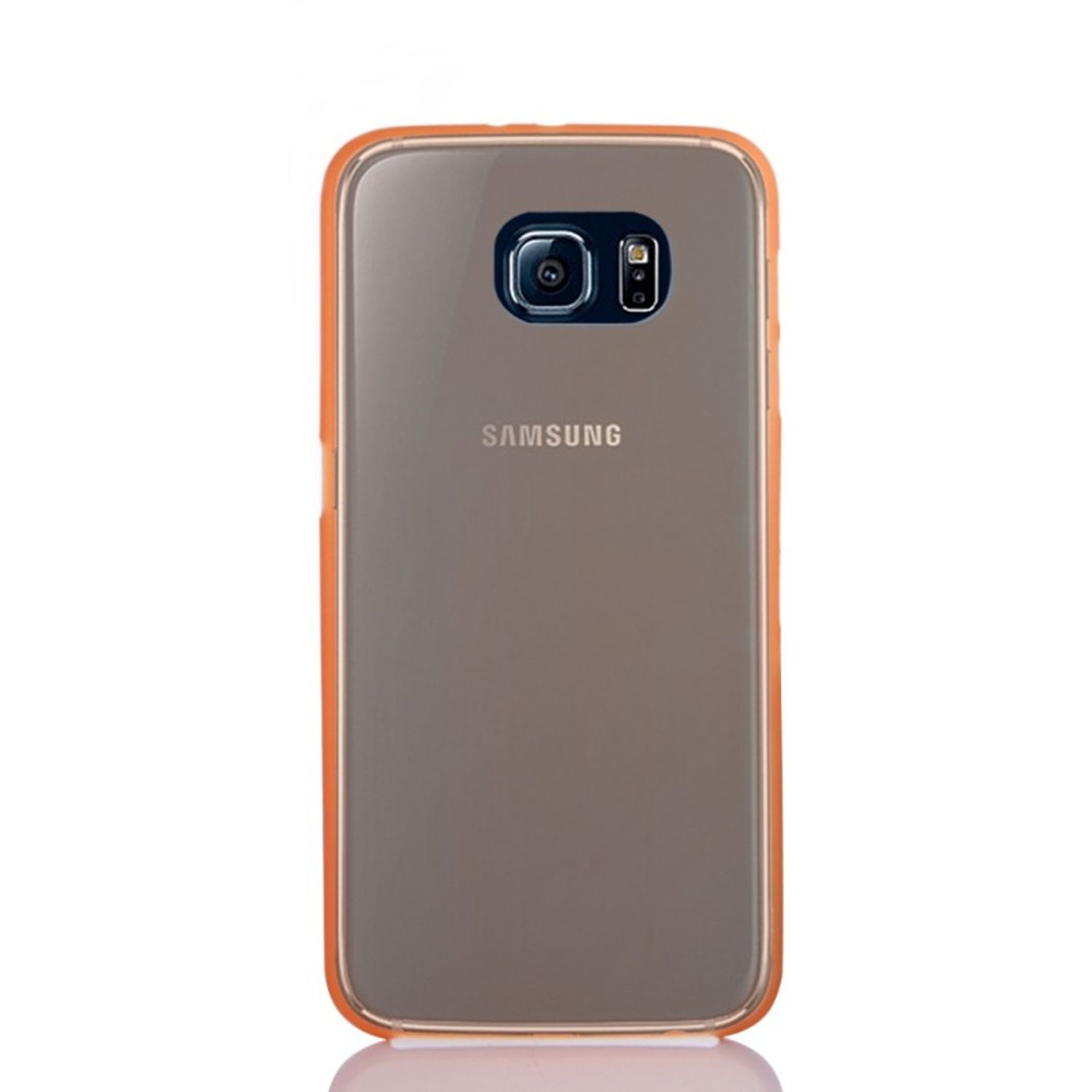 Samsung-Handyhülle, orangefarbene Umrandung, transparente Rückseite. Die Kamera und das Samsung-Logo sind sichtbar.