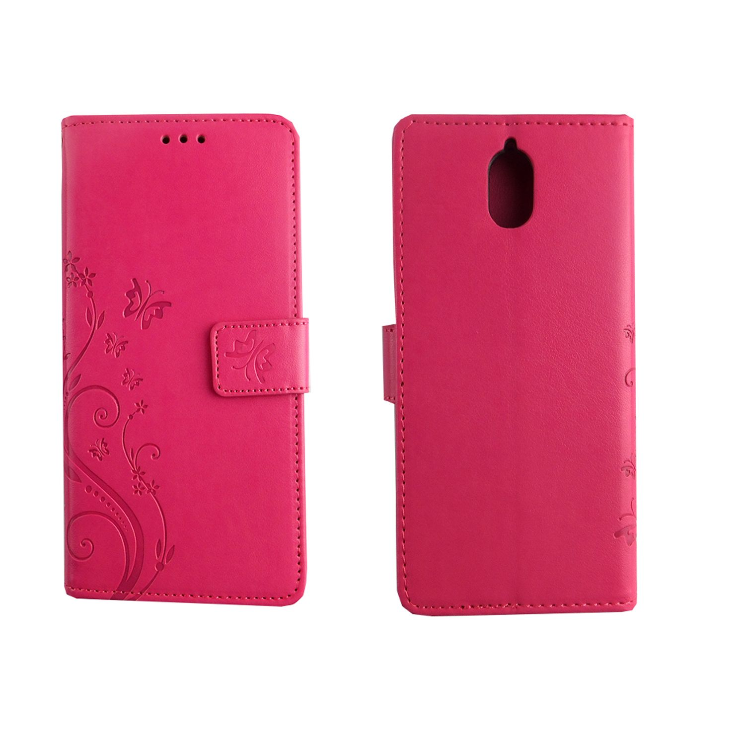 Pinkfarbene Handyhülle, offen, mit Blumendesign, zeigt Vorder- und Rückseite, auf weißem Hintergrund.