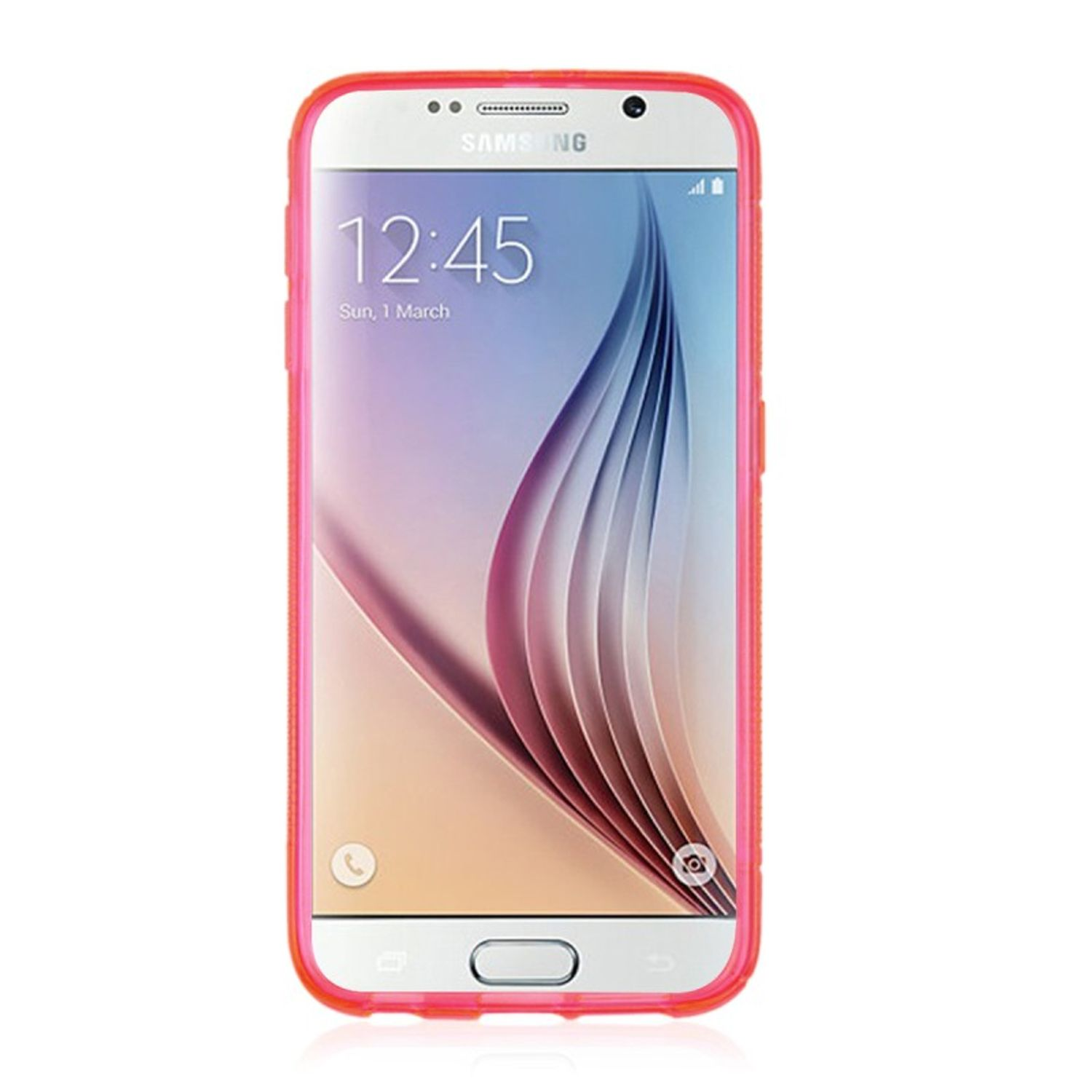 Rosa Telefon mit roter Hülle auf weißem Hintergrund.