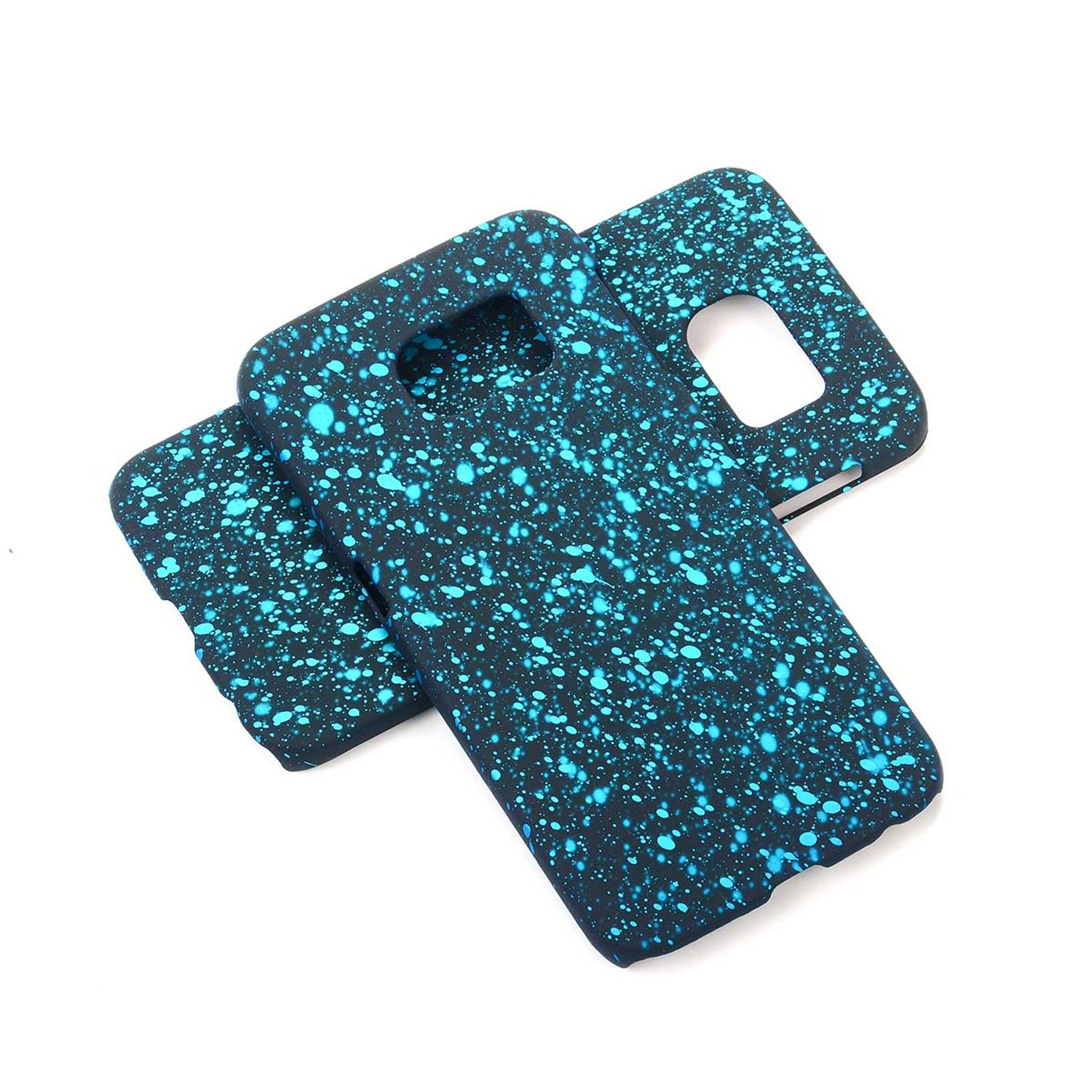 Zwei schwarze Handyhüllen mit blauem, gesprenkeltem Design auf weißem Hintergrund.
