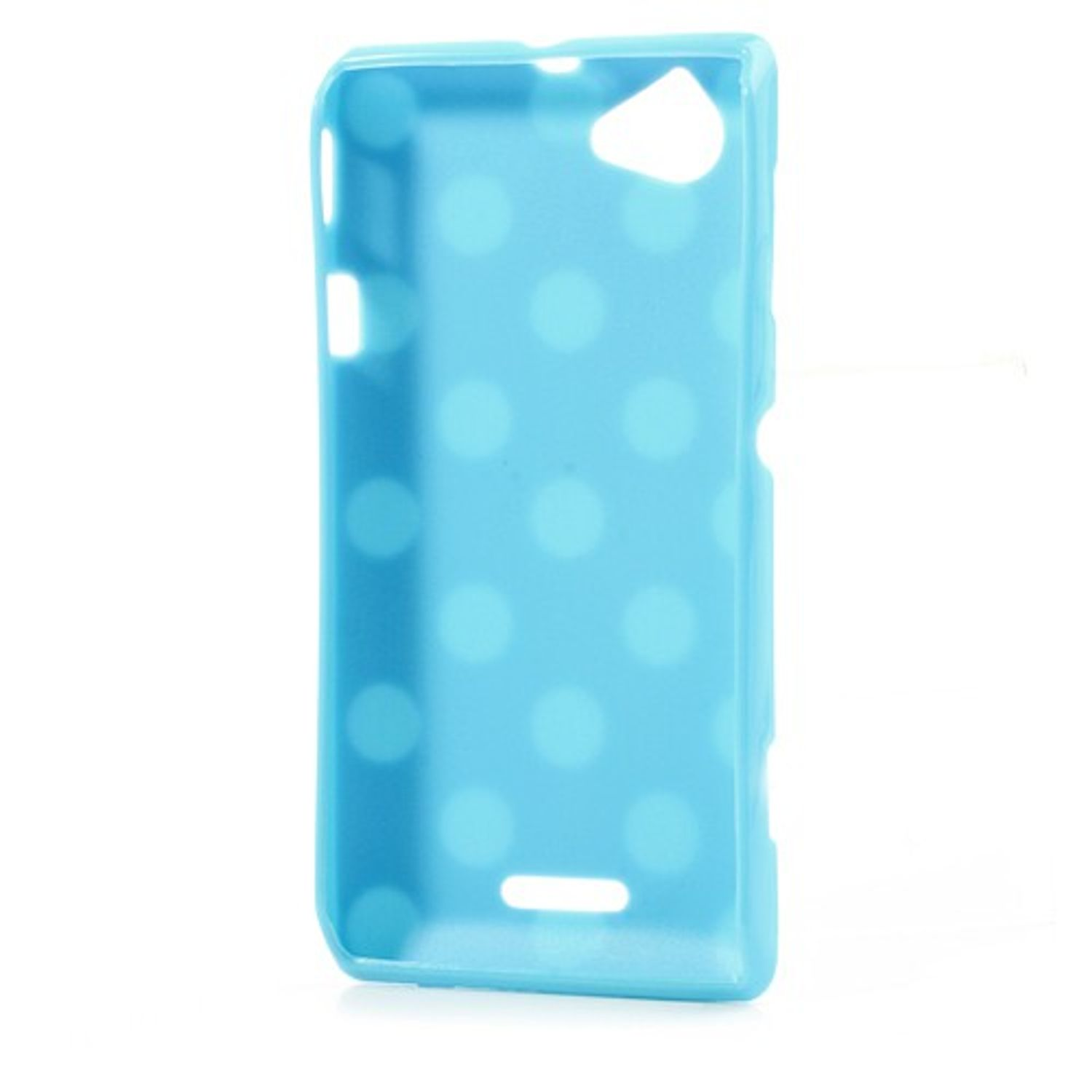 Hellblaue Handyhülle mit blauen Punkten. Die Hülle hat Löcher für Kamera und Funktionen.