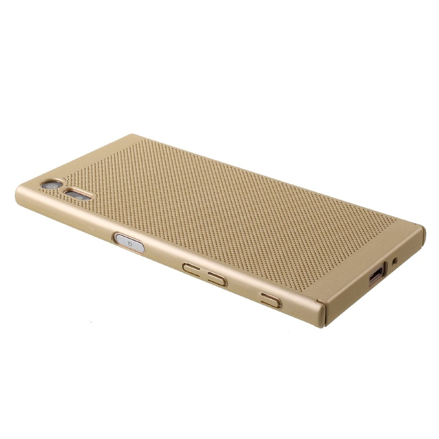 Goldene Handyhülle mit perforiertem Design, Knöpfen und Anschlüssen.