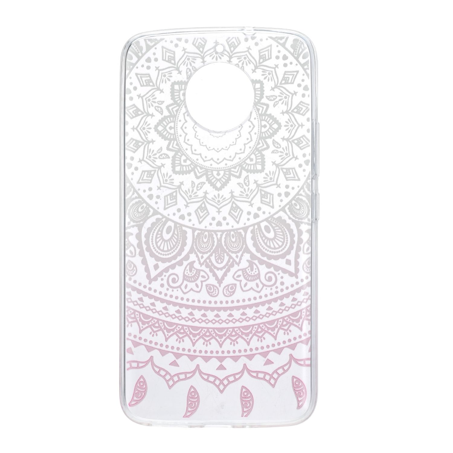 Handyhülle mit Mandala-Design. Weiße und rosa Farben. Weißer Hintergrund.