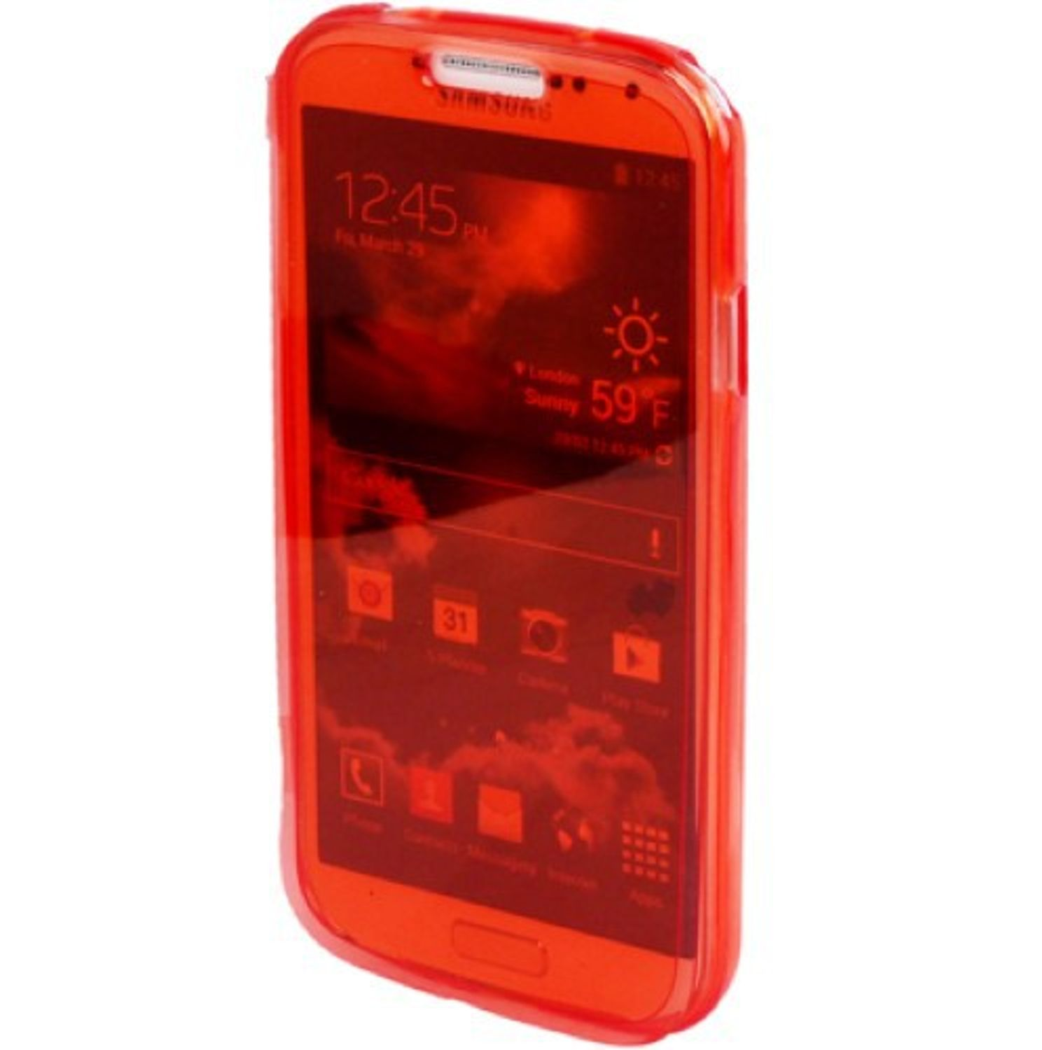 Ein rot getöntes Samsung-Telefon. Der Bildschirm zeigt Wetter und Uhrzeit an. Der Hintergrund ist weiß.