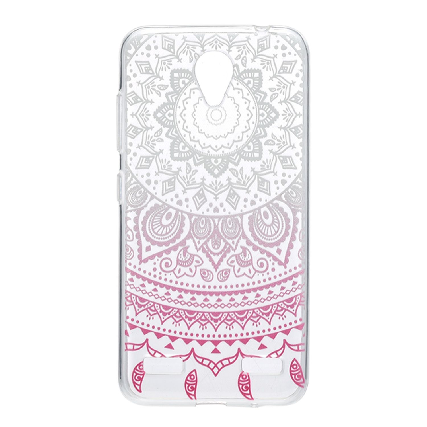 Handyhülle mit rosa und grauem Mandala-Design. Aufwändiges florales Design. Klare Hülle.