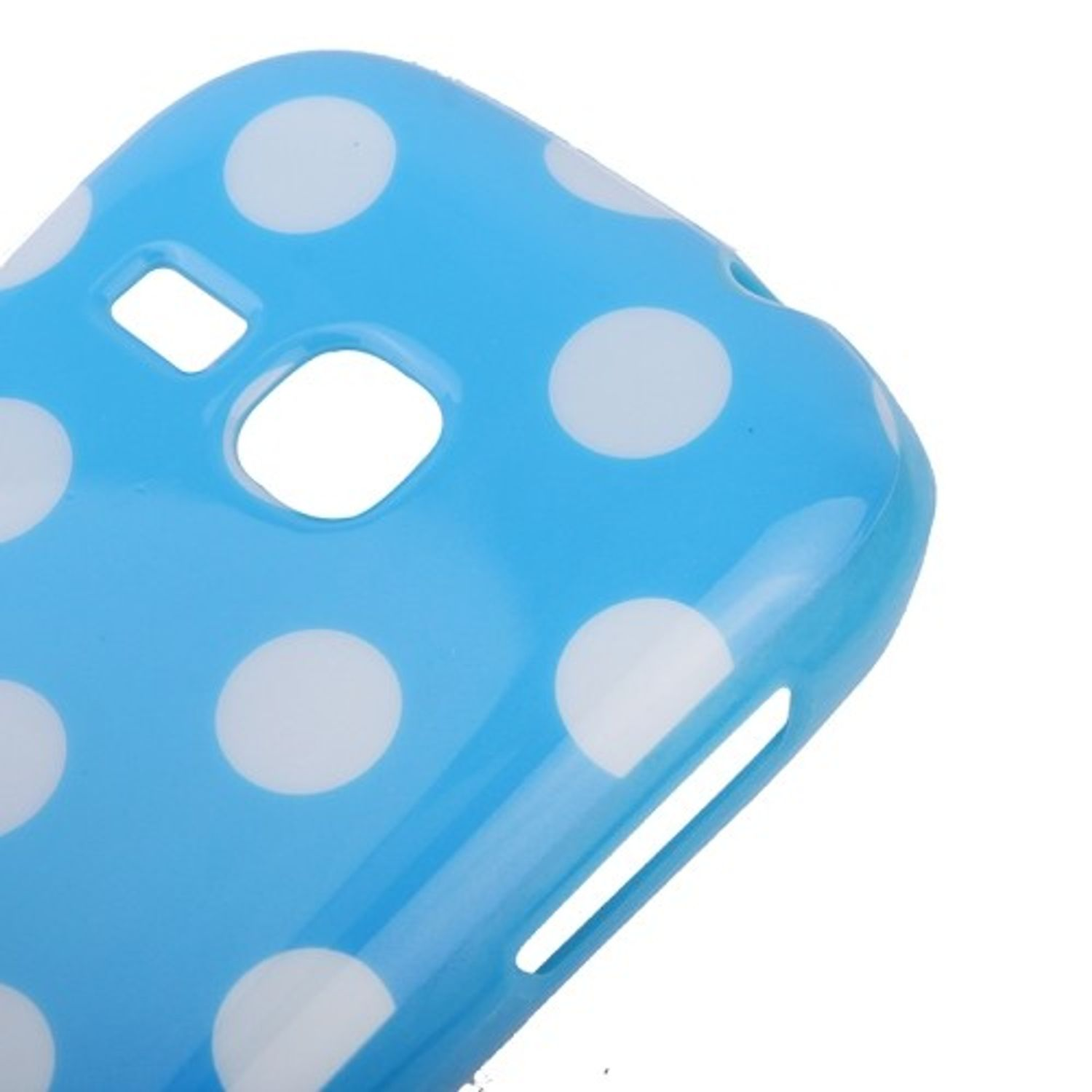 Blaue Handyhülle mit weißen Tupfen. Löcher für Kamera und Knöpfe sind sichtbar.