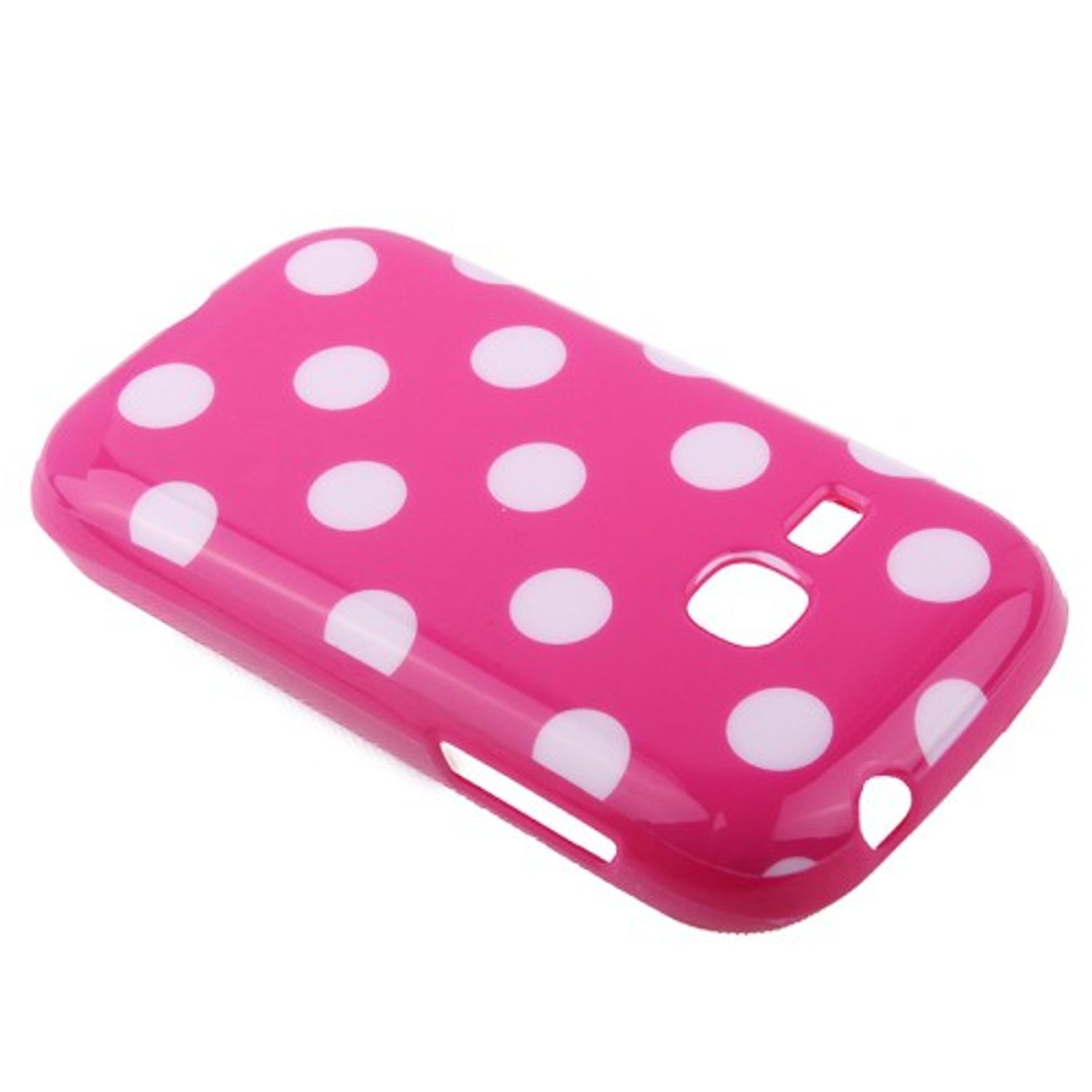 Pinke Handyhülle mit weißen Polka Dots. Die Hülle ist auf weißem Hintergrund.