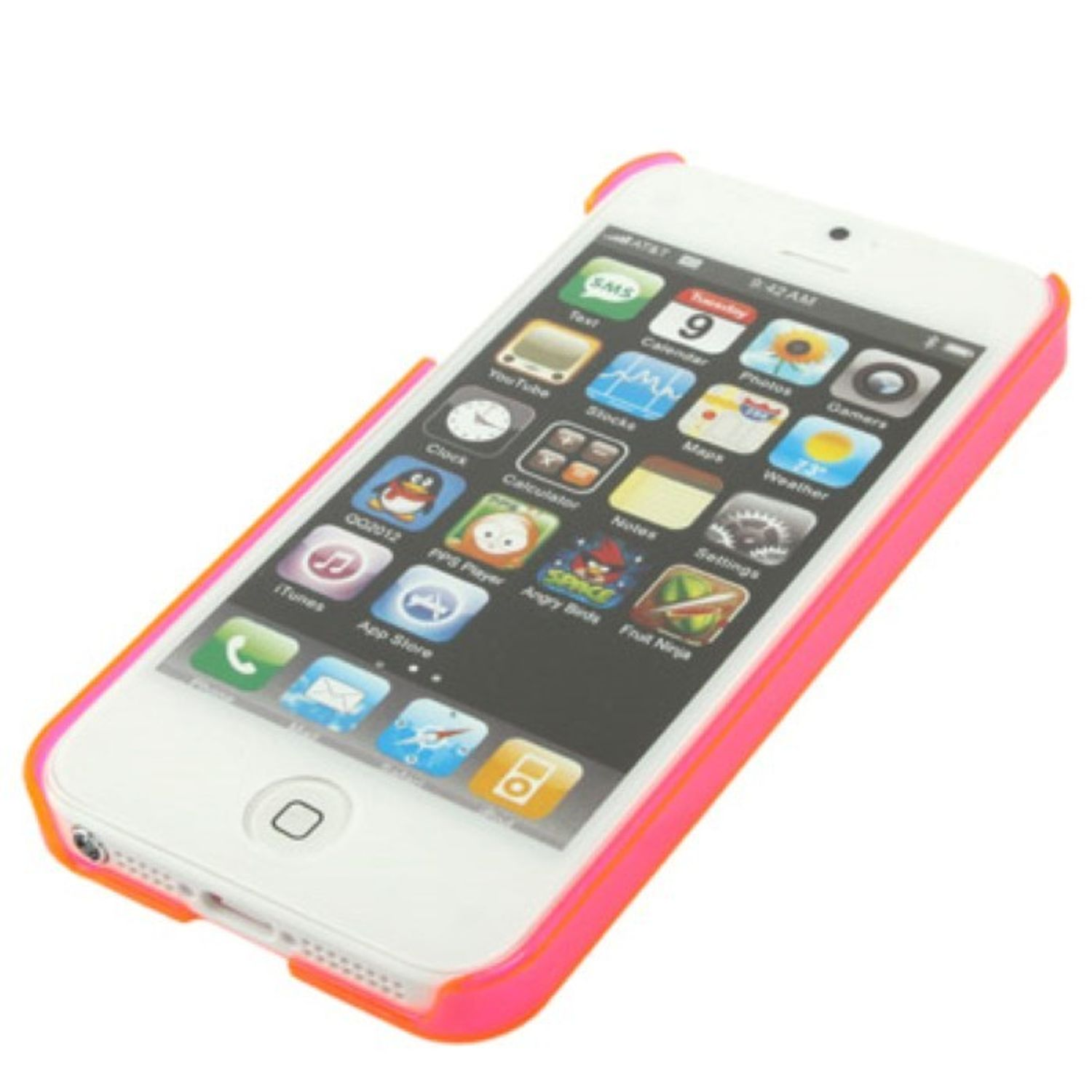 Weißes iPhone mit pinkfarbener Hülle, zeigt Apps. Der Bildschirm zeigt Symbole.