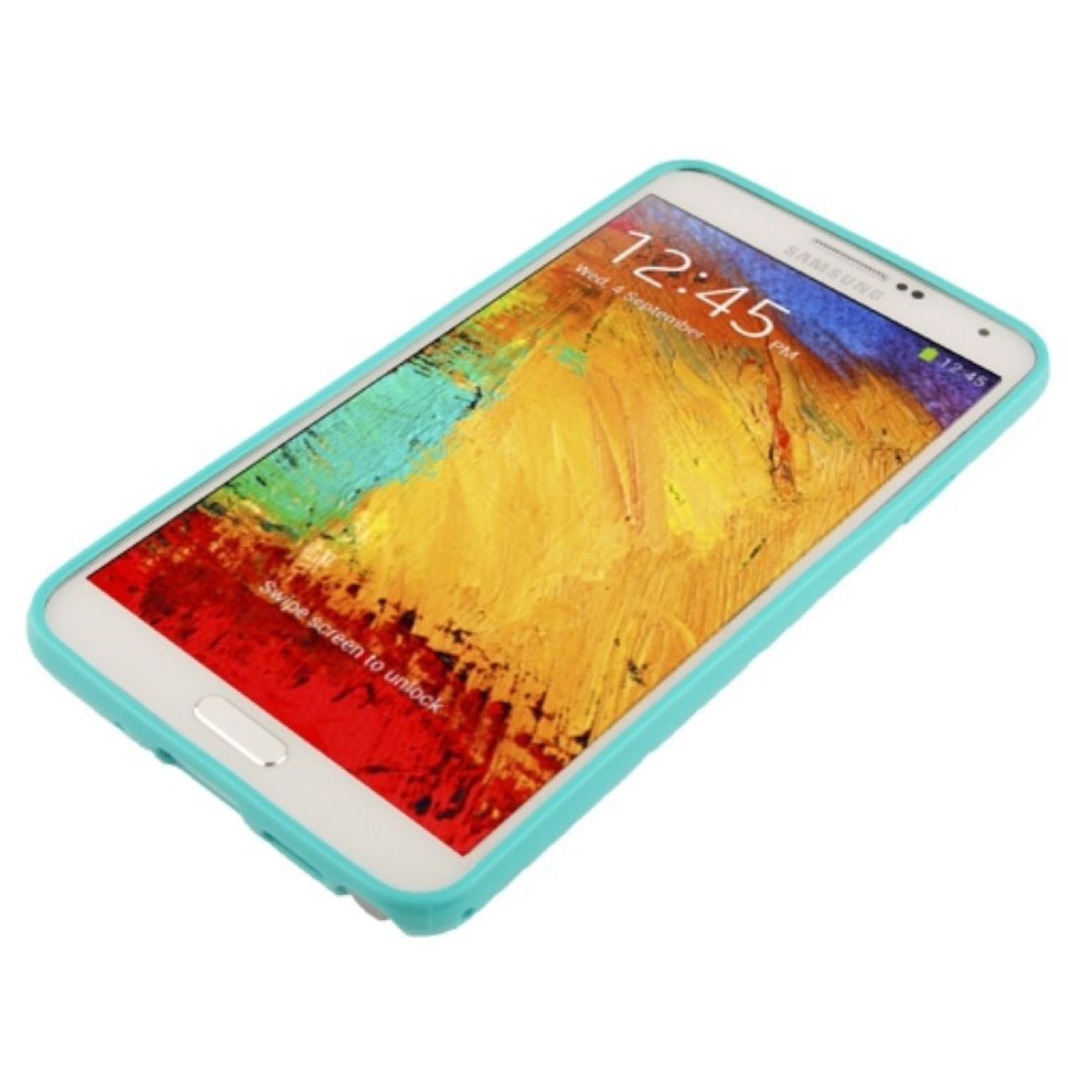 Ein Smartphone mit blauem Gehäuse, das einen bunten Bildschirm zeigt, auf dem die Uhrzeit oben angezeigt wird.