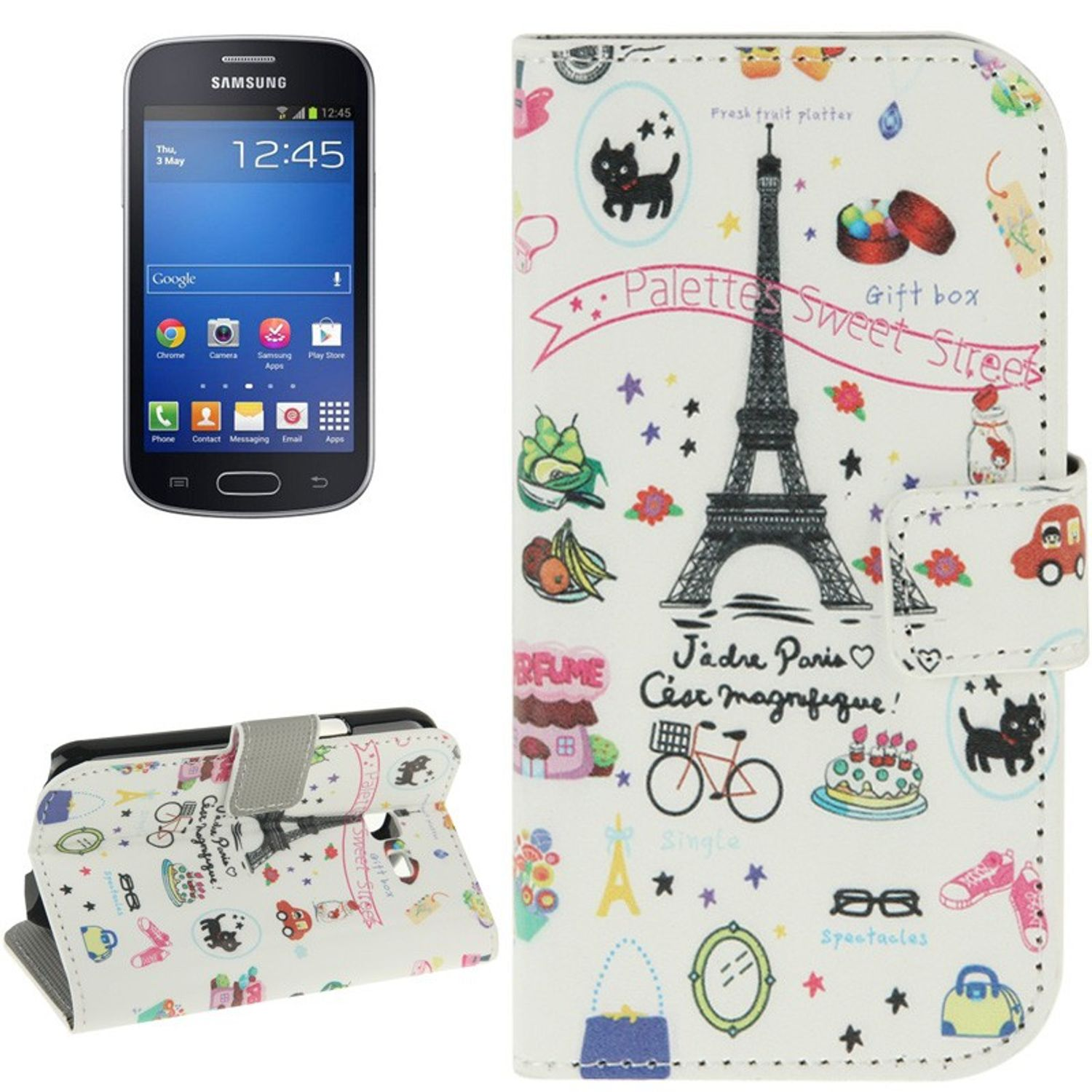 Samsung-Telefon und eine weiße Handyhülle mit Eiffelturm-Zeichnungen und anderen Elementen.
