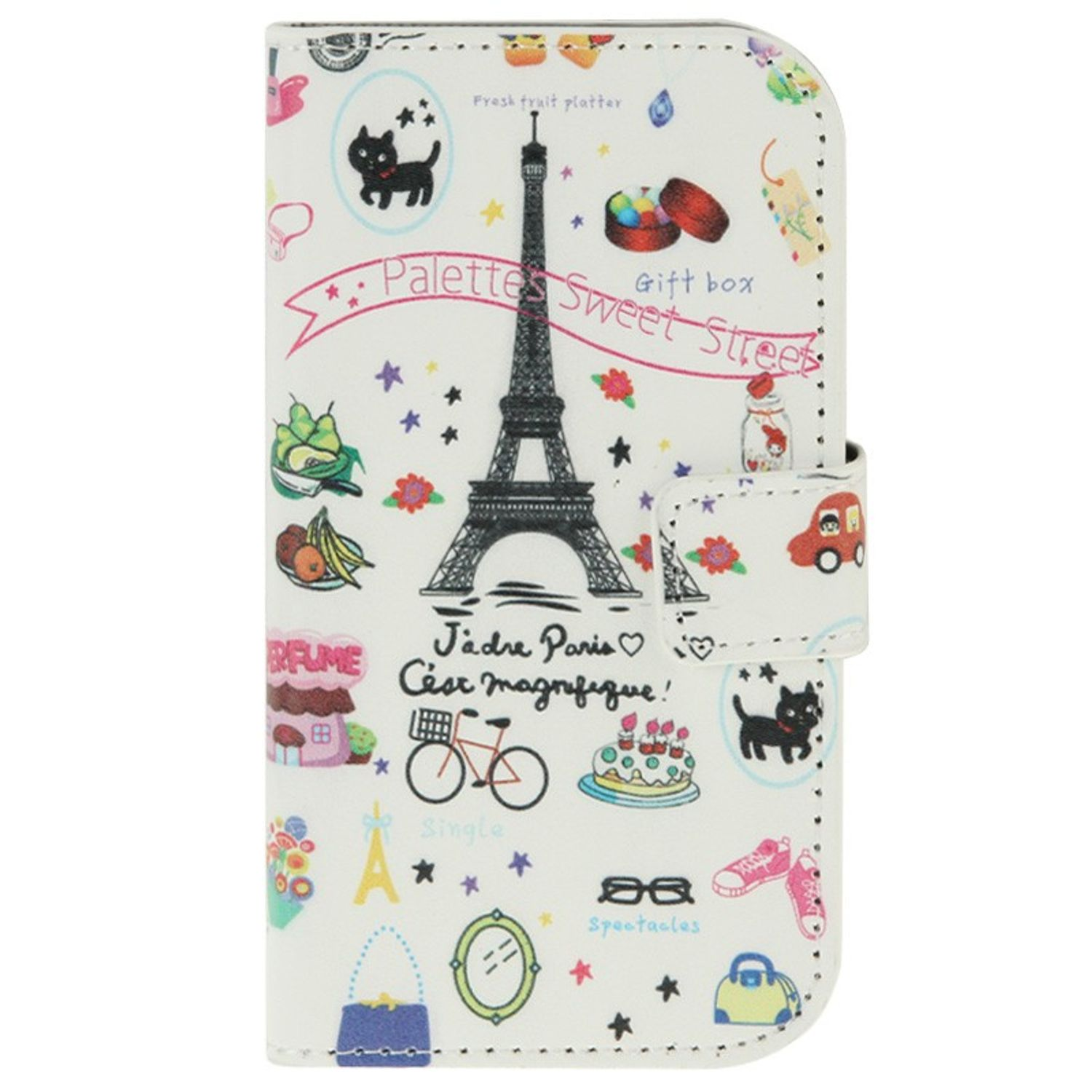 Weißes Handycase mit Paris-Motiv, einschließlich Eiffelturm und verschiedenen Symbolen.