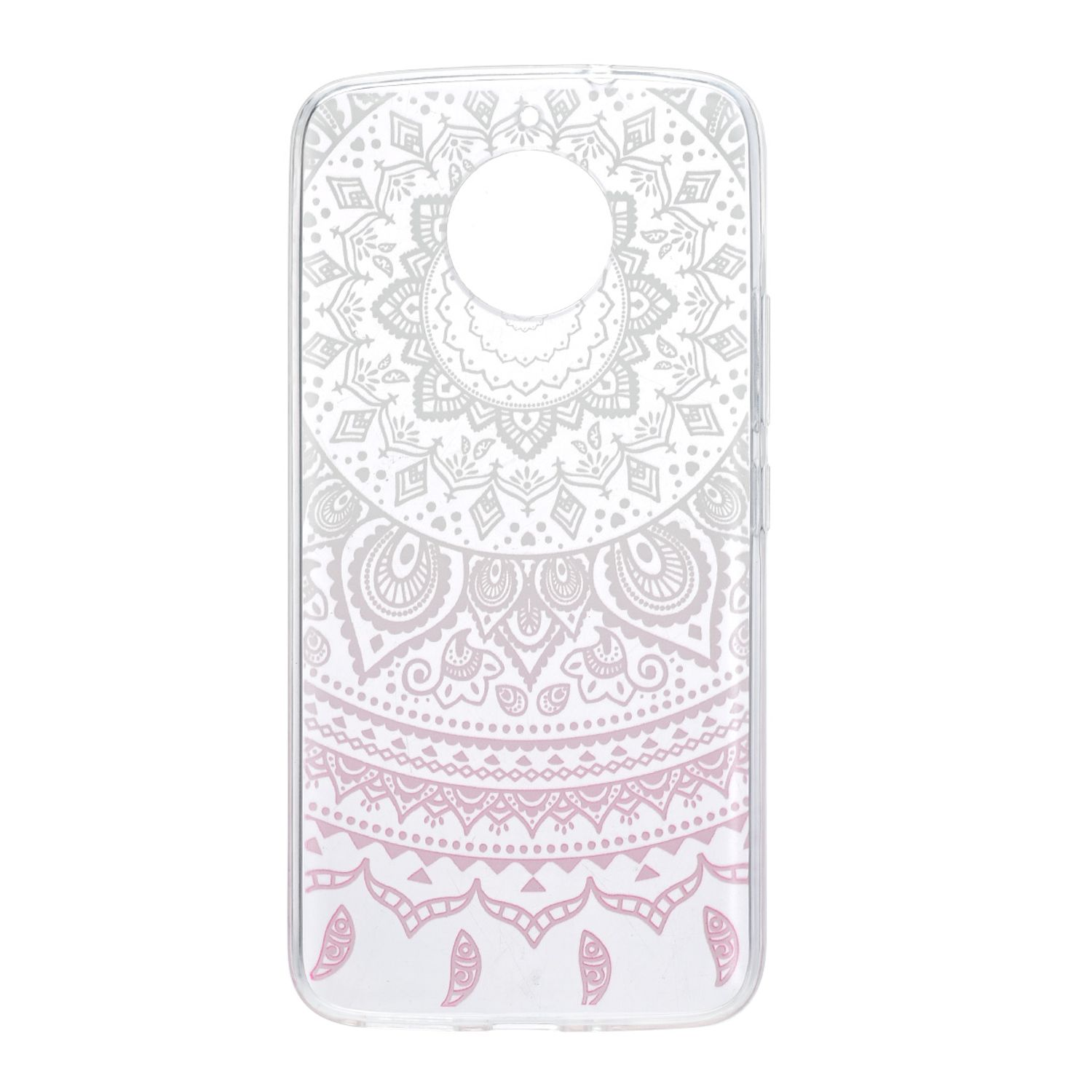 Eine transparente Handyhülle mit Mandala-Design. Das Design ist weiß und rosa, auf weißem Grund.