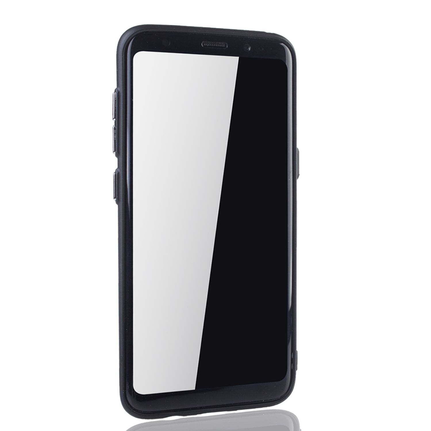 Schwarzes Telefon, eingeschaltet, mit weißem Bildschirm. Es ist ein Smartphone und freigestellt.