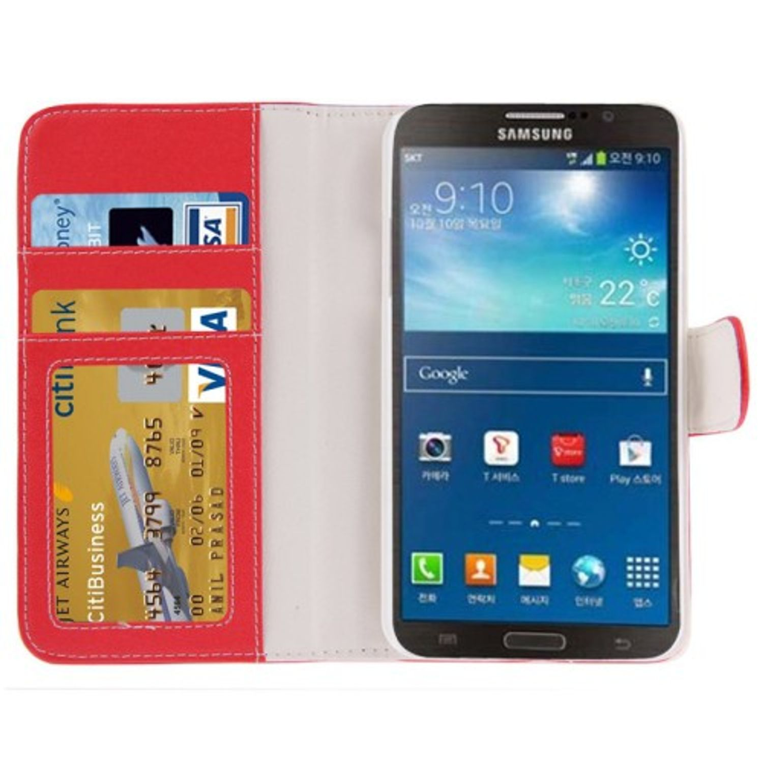 Geöffnete rot-weiße Handyhülle mit Telefon und Karten.