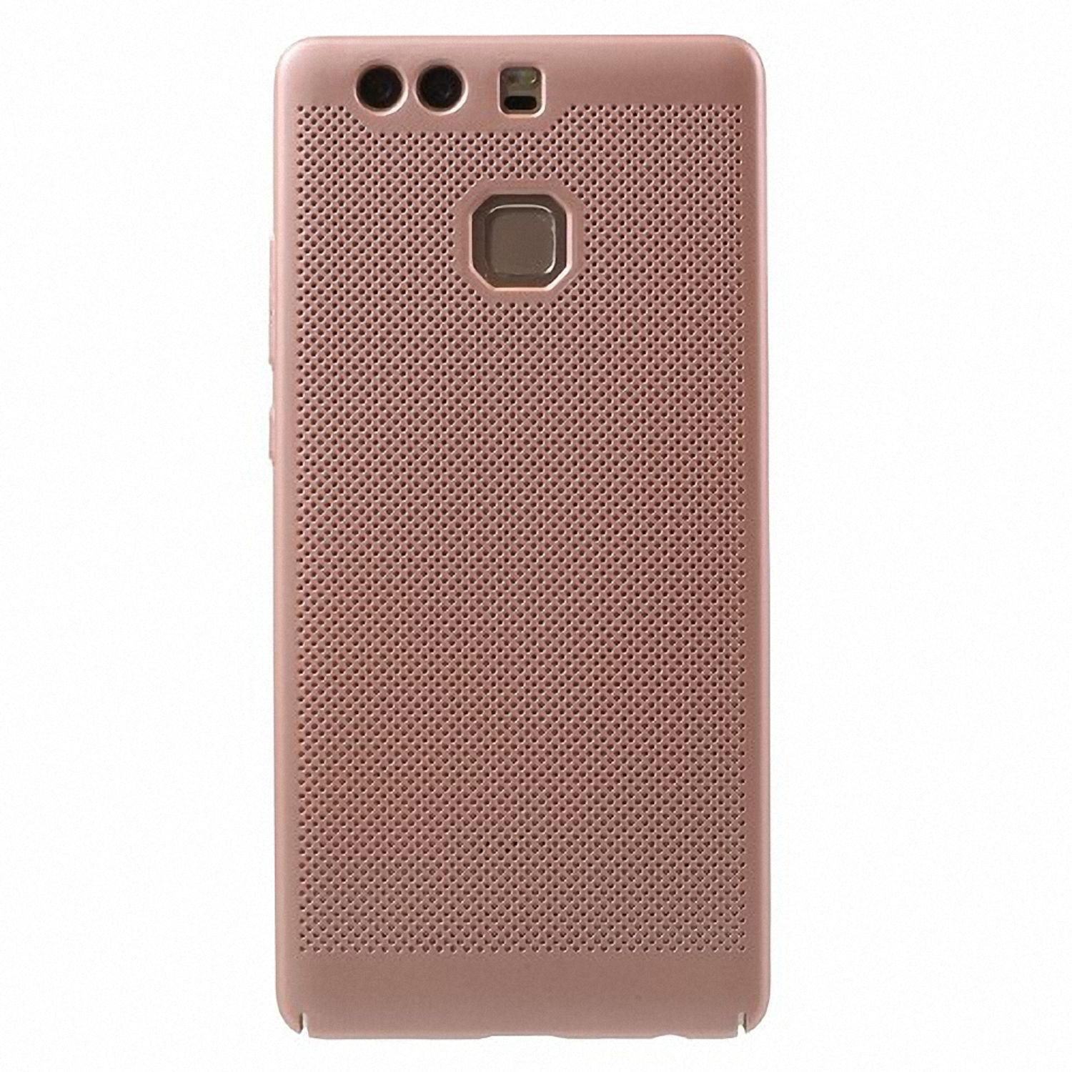 Roségoldene Handyhülle mit perforiertem Design und Kameradetails.