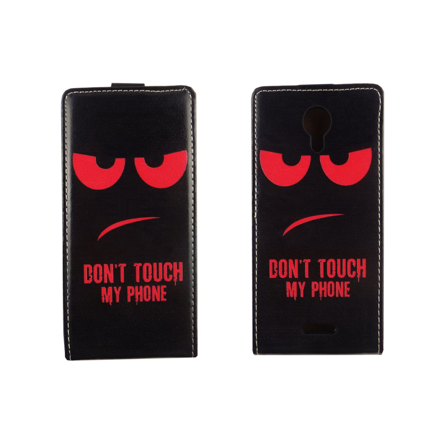 Schwarze Handyhülle mit roten bösen Augen und dem Text 'DON'T TOUCH MY PHONE'.