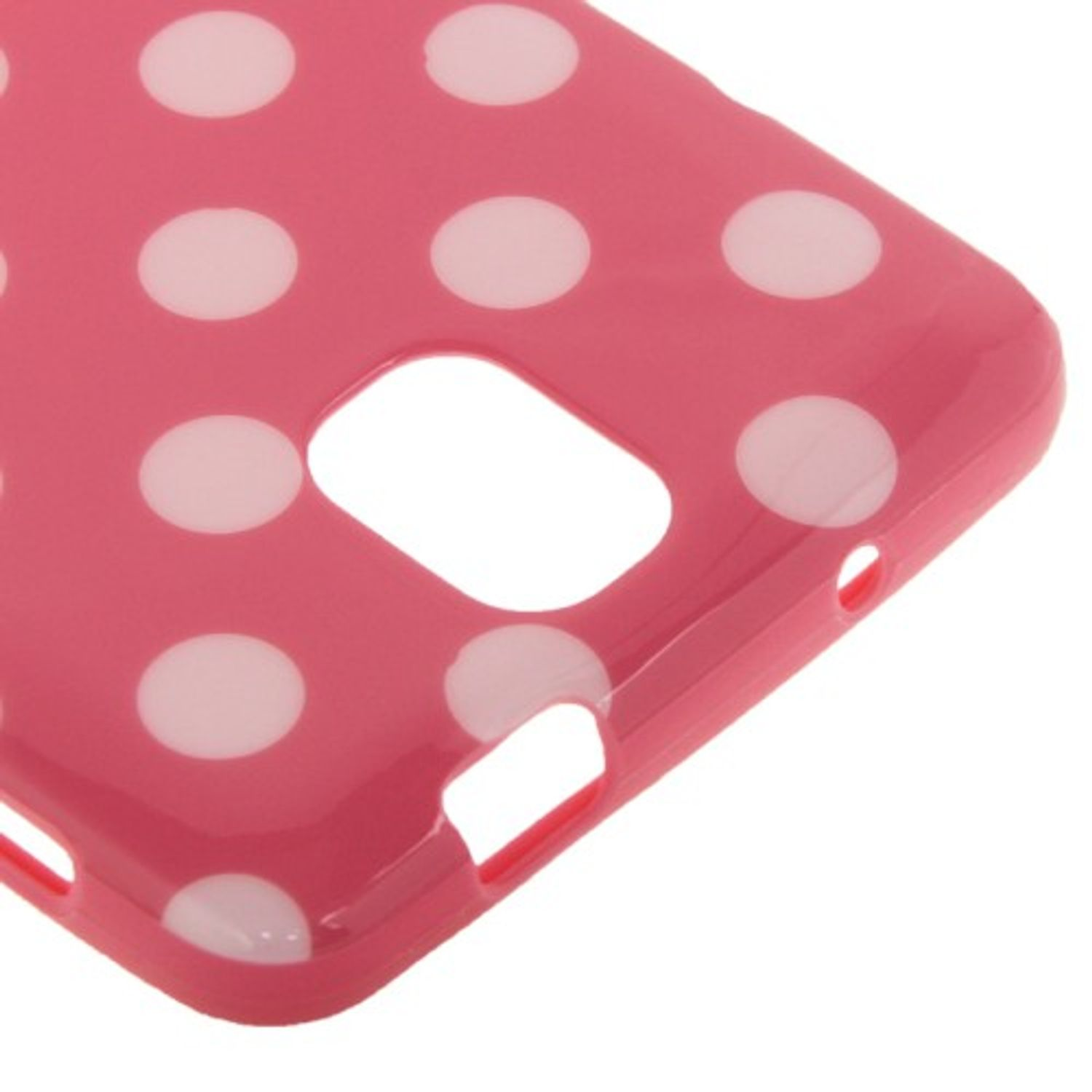 Rosa Handyhülle mit weißen Polka-Dots, Nahaufnahme, Winkelansicht, weißer Hintergrund.