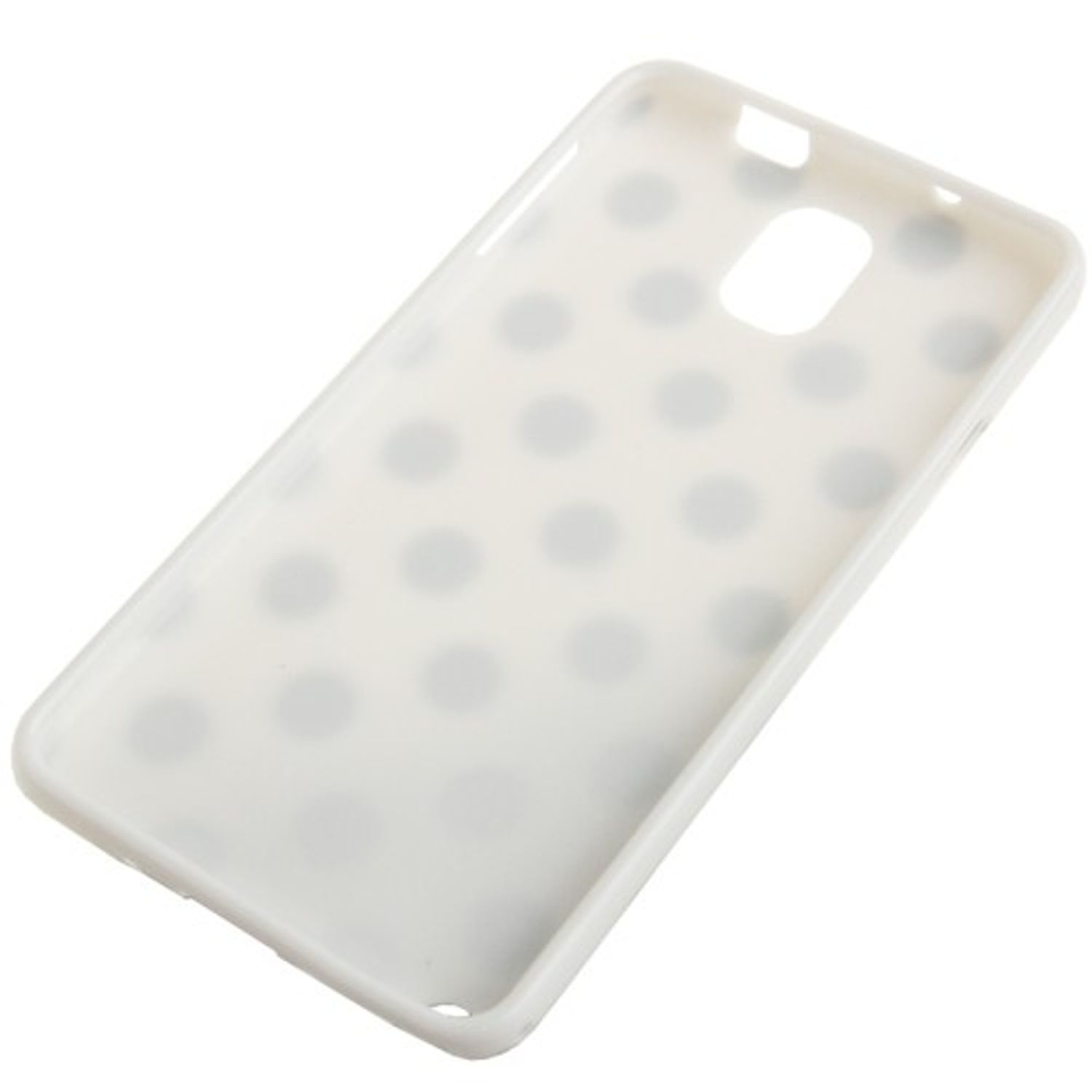Transparente Handyhülle mit grauen Polka-Dots auf weißem Hintergrund.