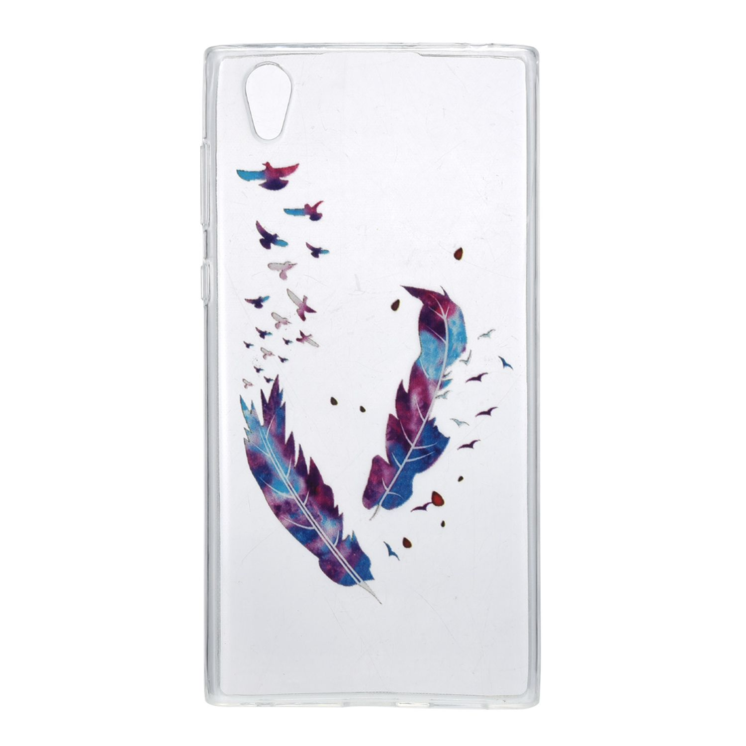 Transparente Handyhülle mit Feder- und Vogeldesign, weißer Hintergrund.
