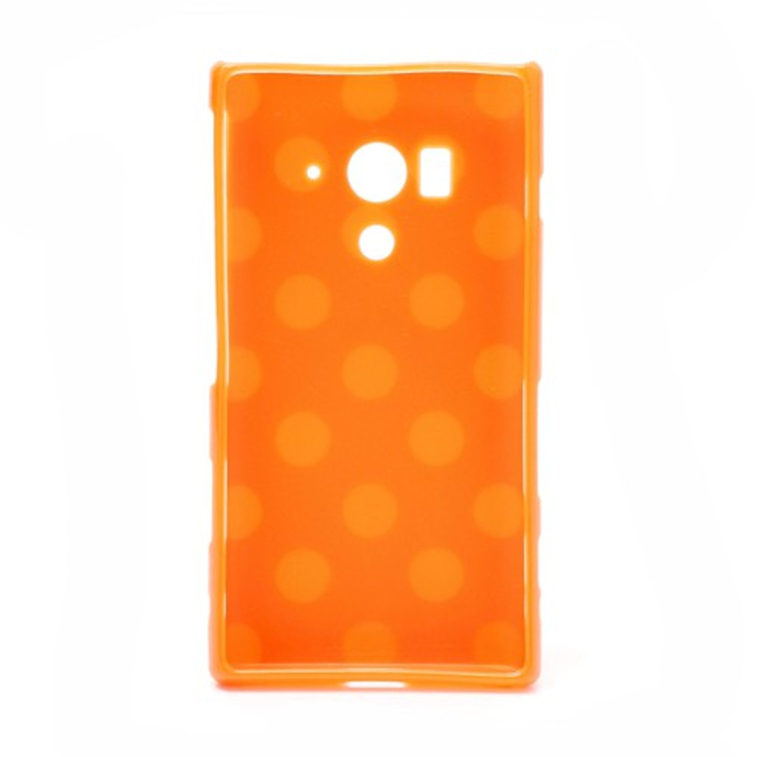 Orangefarbene Handyhülle mit weißen Tupfen. Die Hülle hat Öffnungen für die Kamera und andere Funktionen.