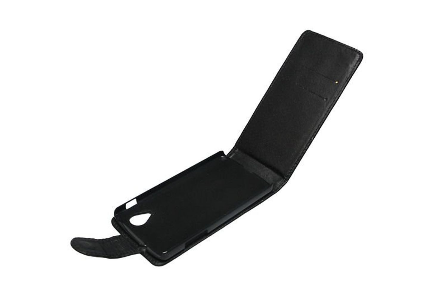 Eine schwarze Handyhülle, offen, zeigt die Rückseite des Telefons.