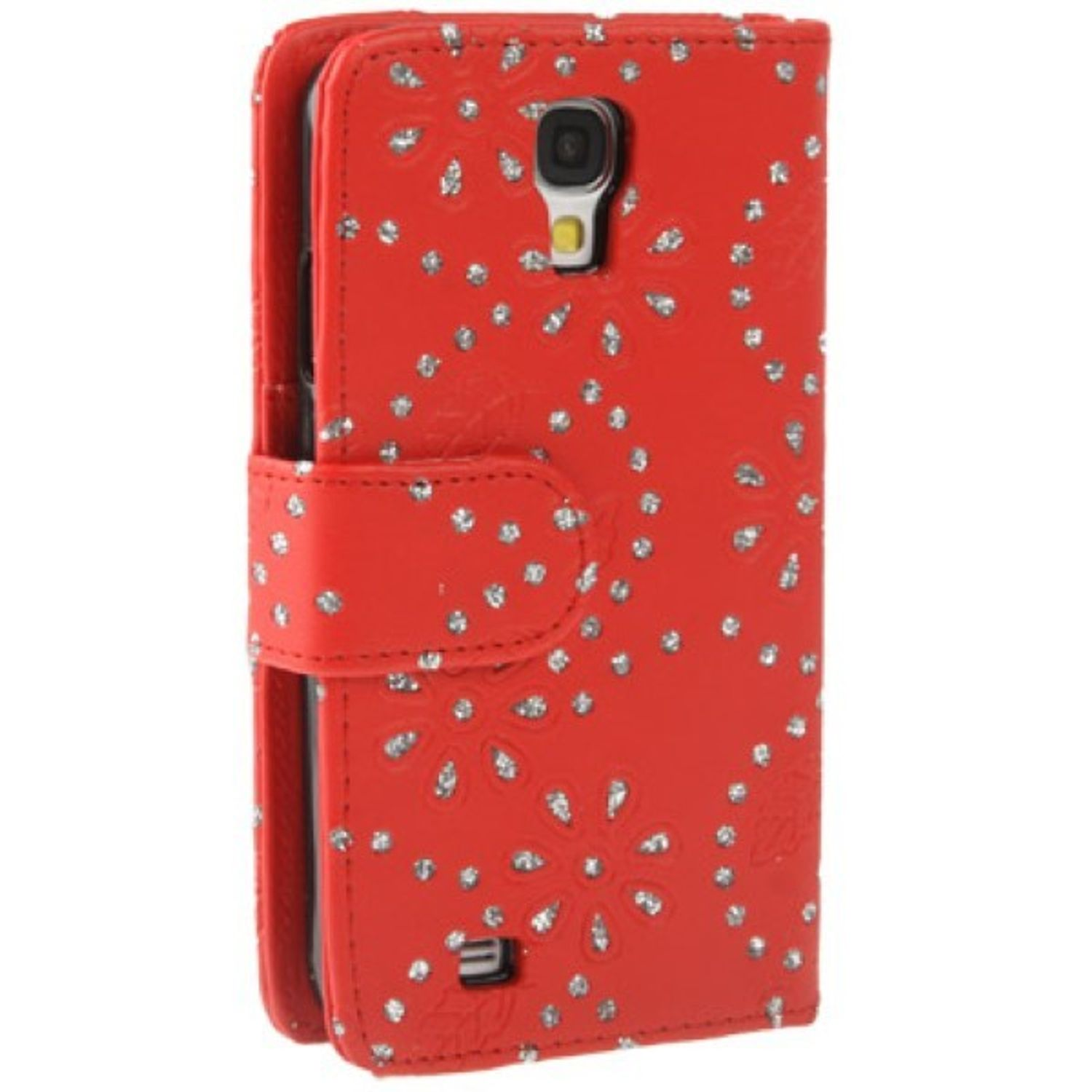 Rote Handyhülle mit silbernem Blumen- und Juwelendesign, offen.