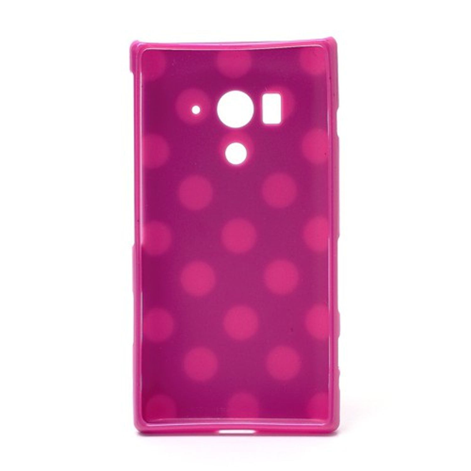 Pinke Handyhülle mit Polka Dots, vor weißem Hintergrund.