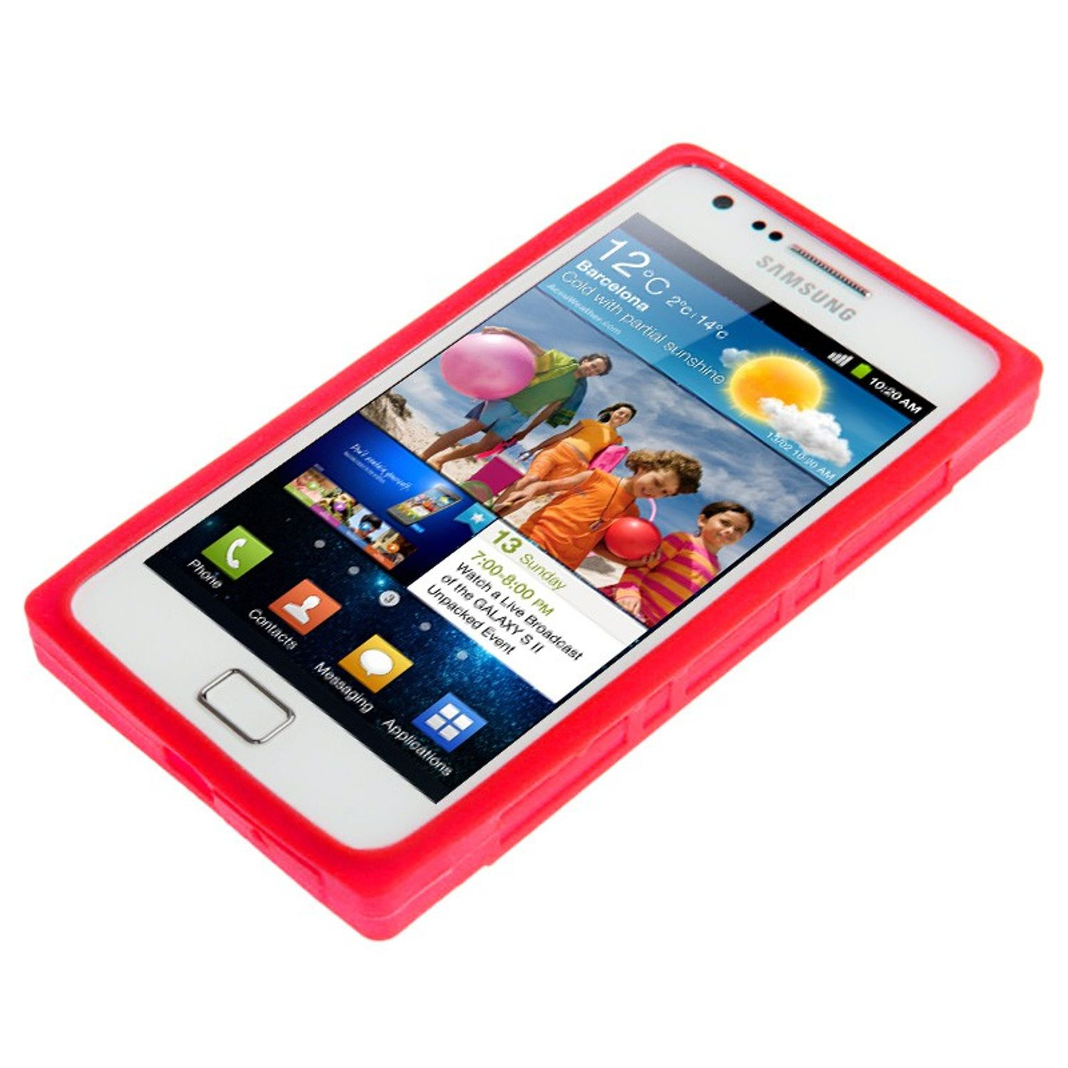 Weißes Samsung-Telefon in roter Hülle, das eine Wetter-App auf dem Bildschirm zeigt.