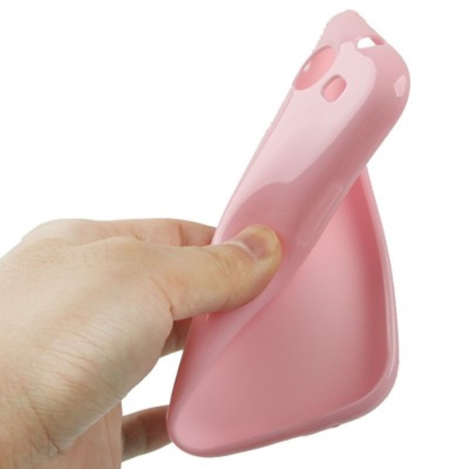 Eine Hand, die eine rosa Handyhülle hält und die Innenseite zeigt.