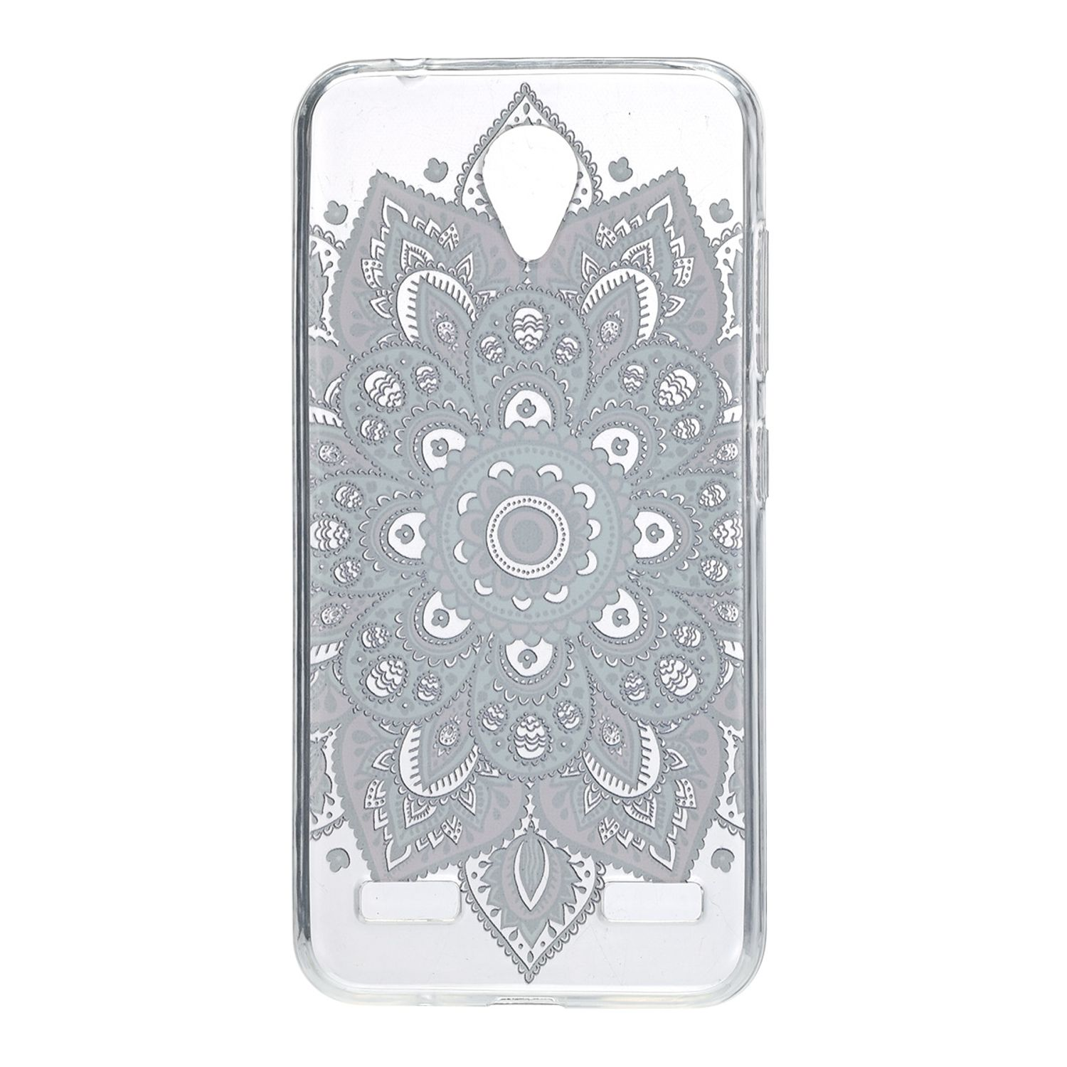Transparente Handyhülle mit grauem Mandala-Design, mit zentralem Kreismuster.