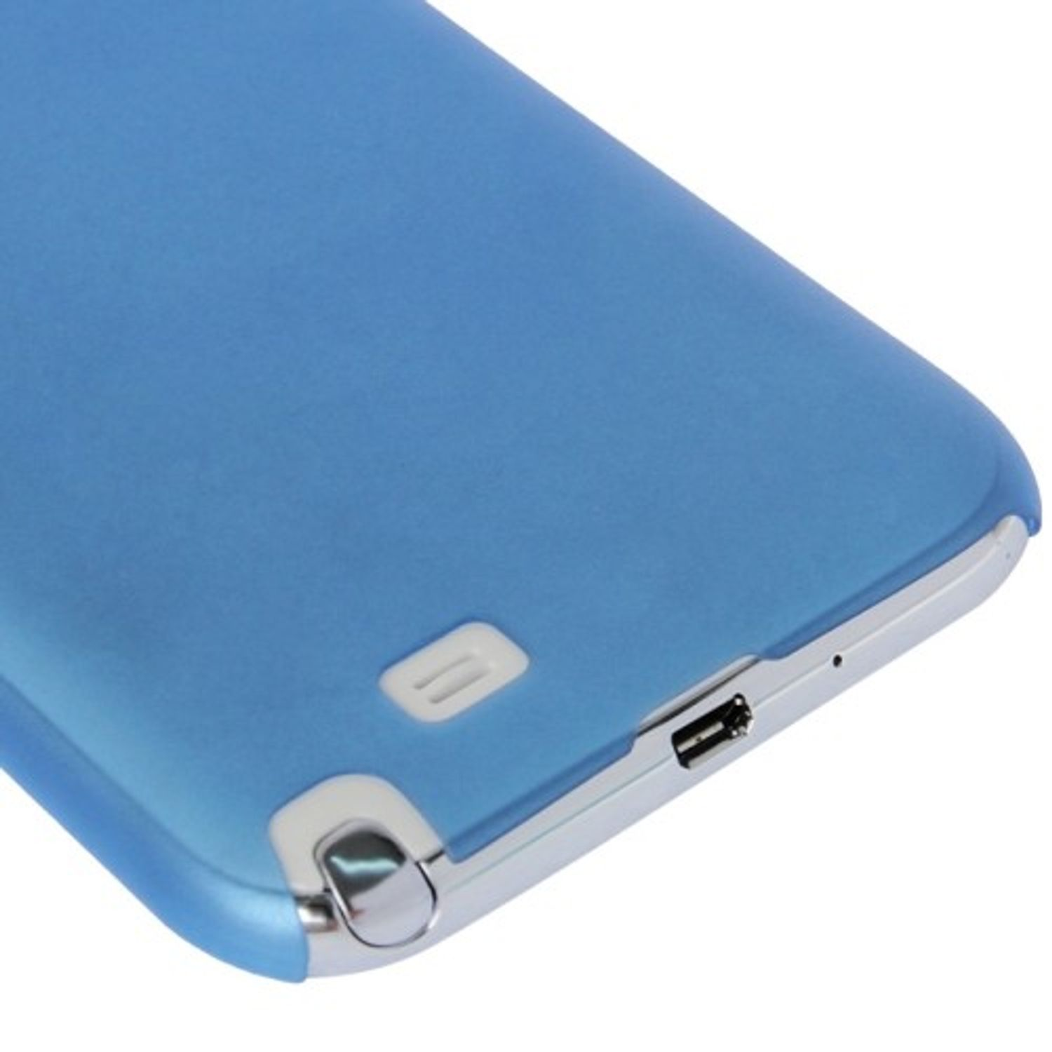 Blaue Handyhülle mit glänzendem Silberrand, USB-Anschluss und Taste zeigend.