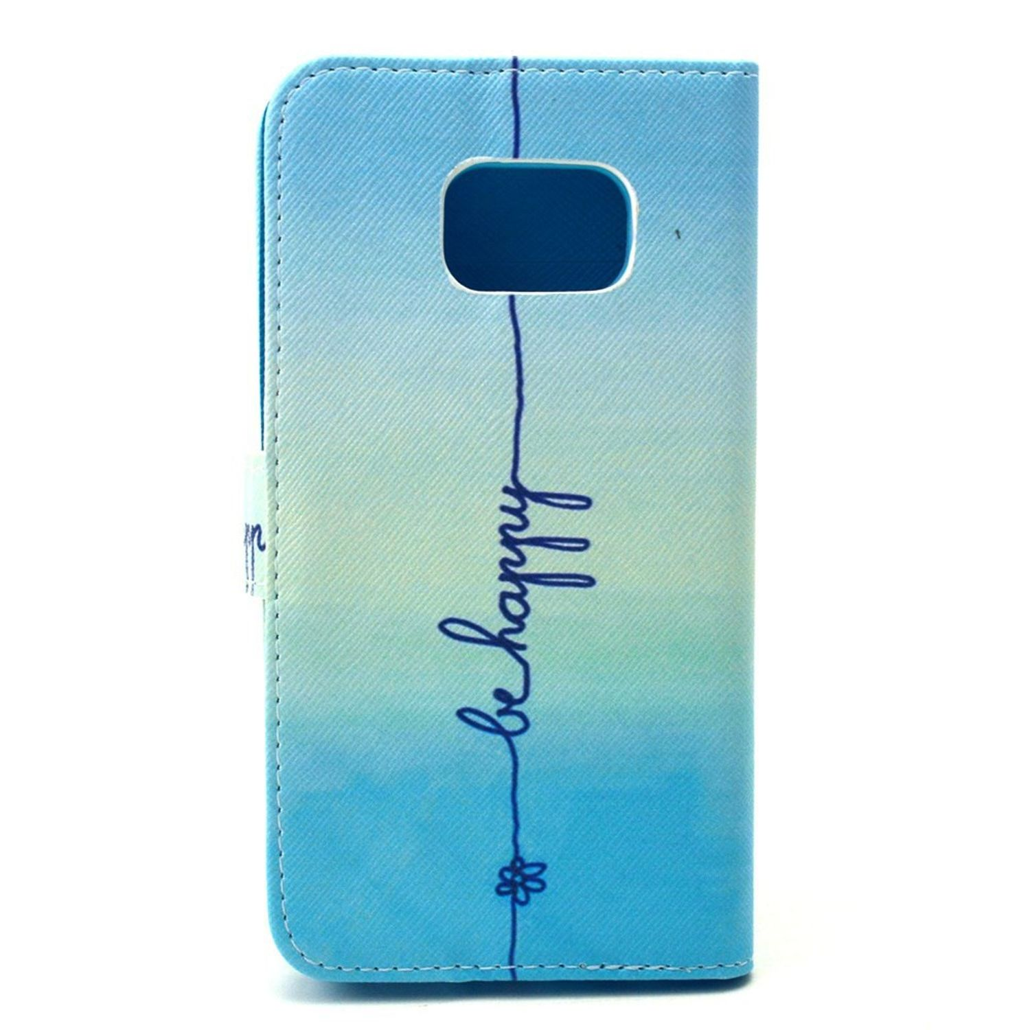 Blaue Handyhülle mit Schriftzug 'be happy'. Weißer Hintergrund.
