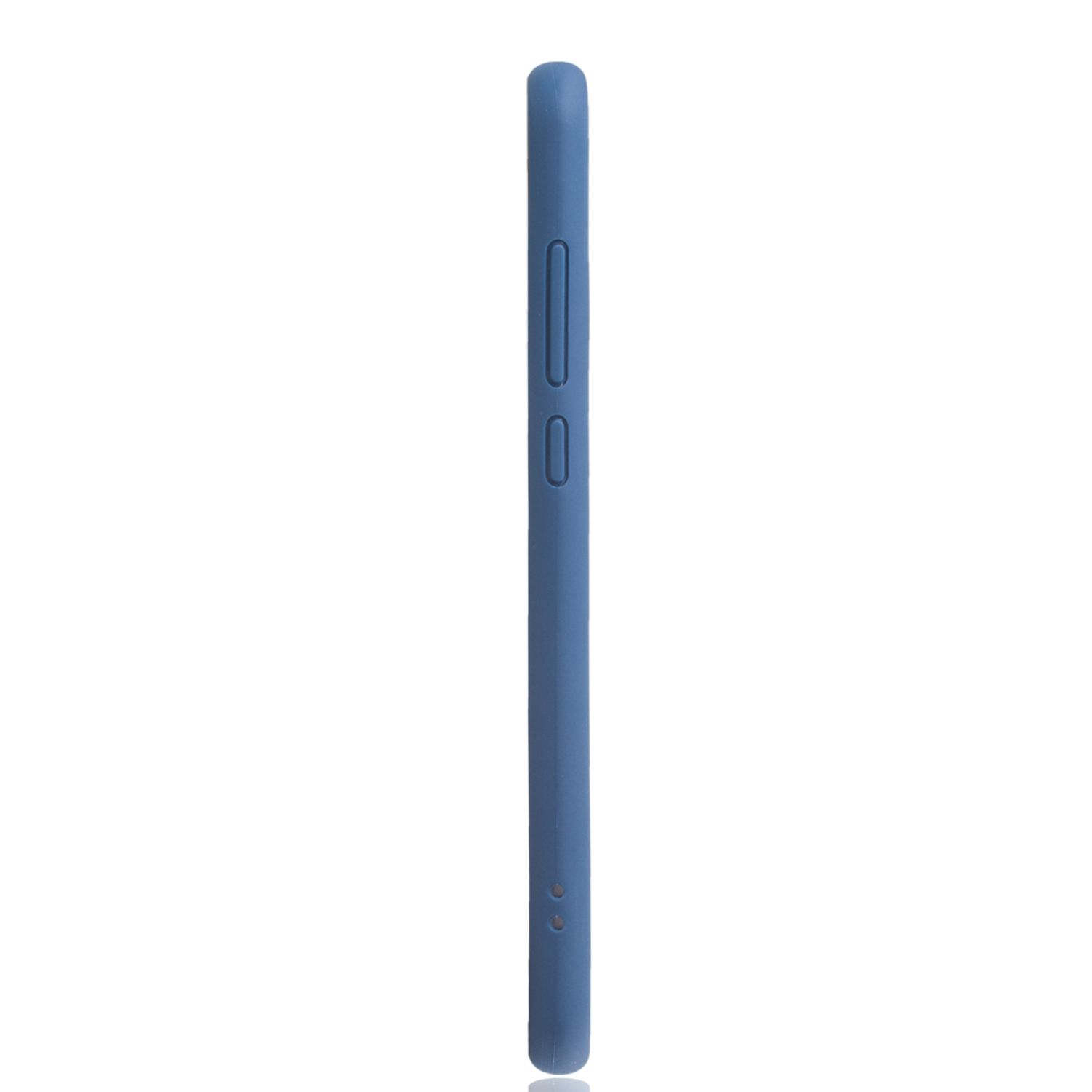 Blaue Telefon-Seitenansicht, zeigt die Knöpfe und das Gesamtdesign.