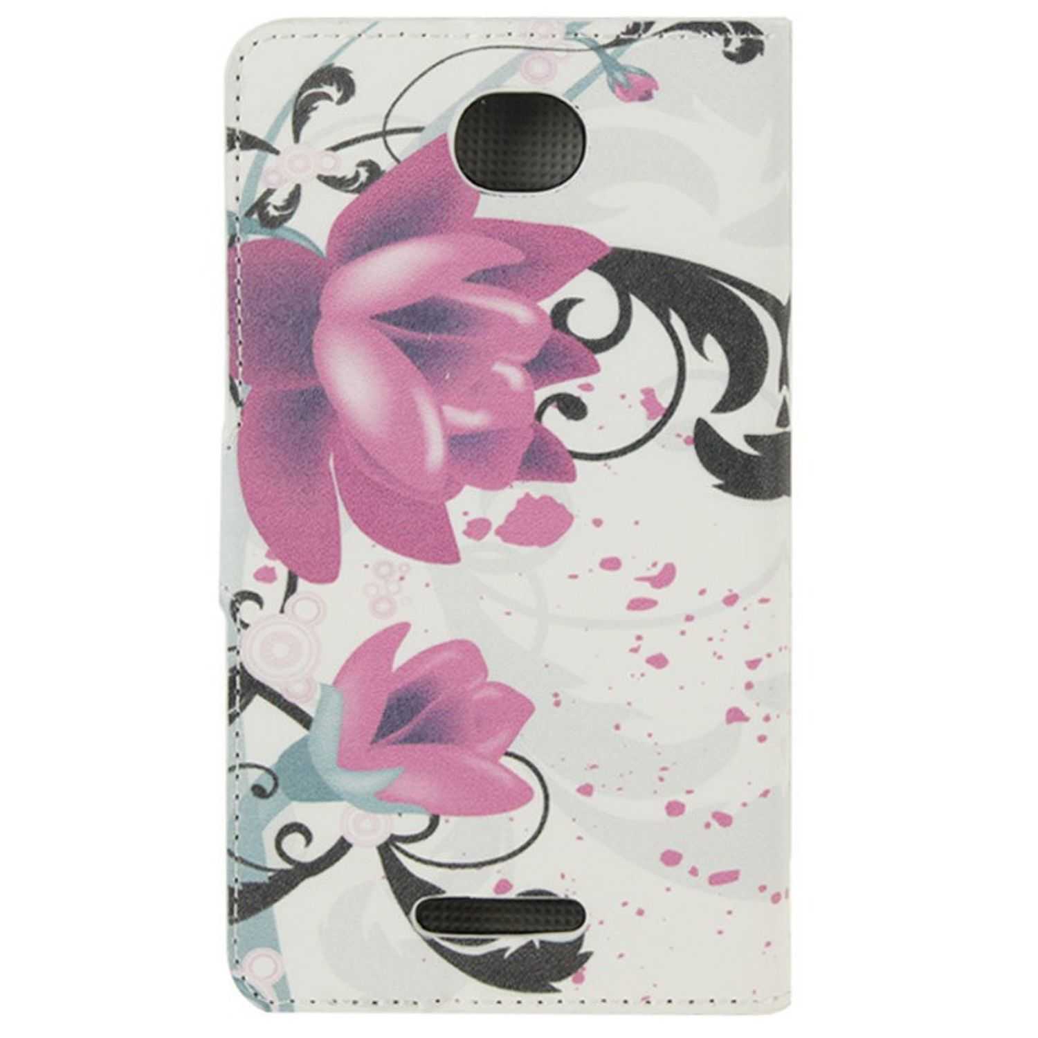 Eine Handyhülle mit floralem Design, hauptsächlich weiß mit rosa Blumen und schwarzen Akzenten.
