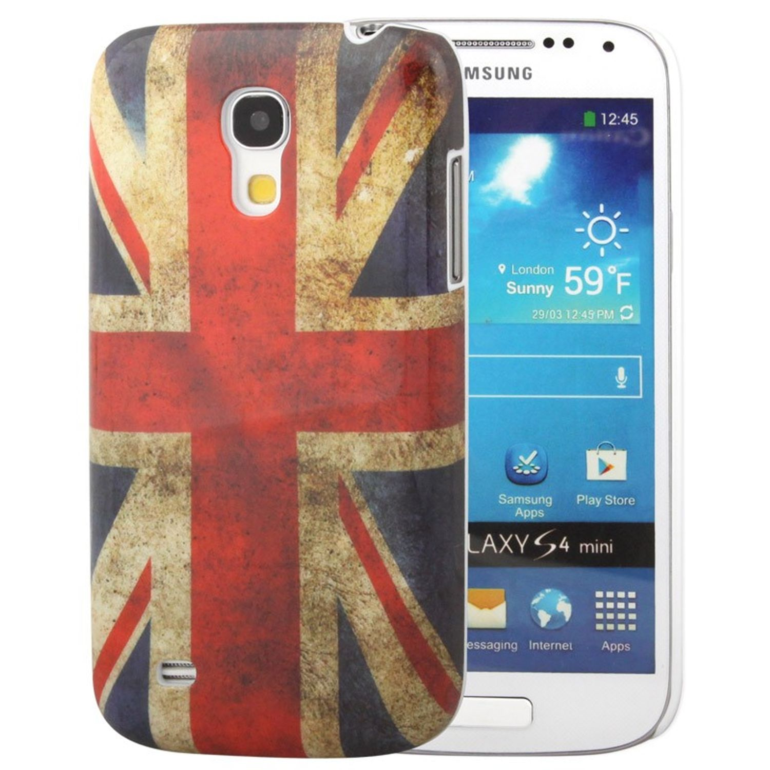 Eine Handyhülle mit Union Jack-Design befindet sich auf der rechten Seite eines weißen Telefons.