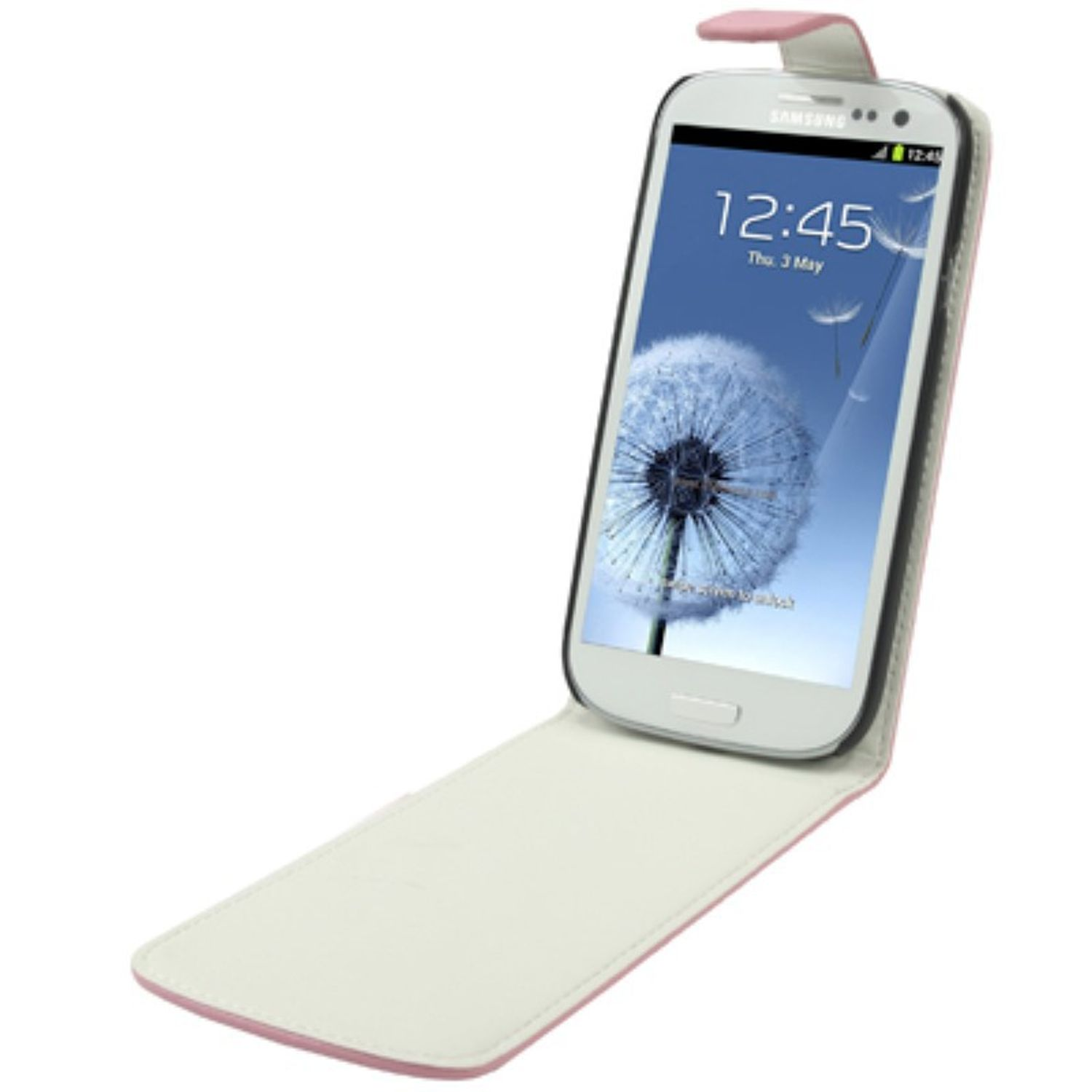 Ein weißes Telefon in einer weiß-rosa Klapphülle liegt auf weißer Oberfläche.