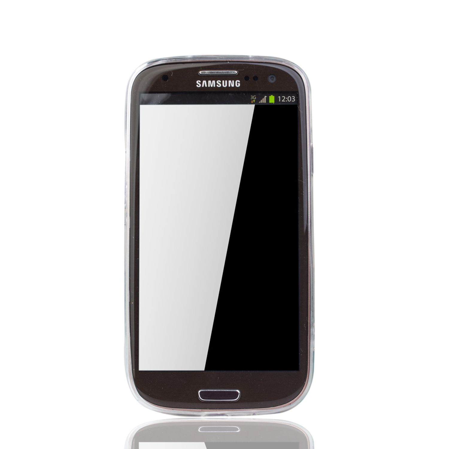 Schwarzes Smartphone mit weißem Bildschirm. Telefon zentriert mit beleuchtetem Bildschirm.