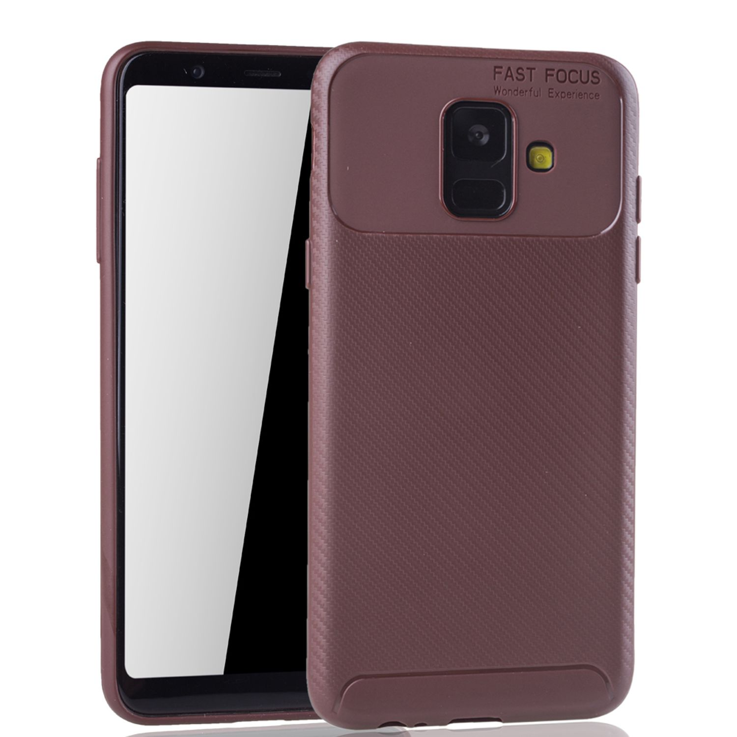Braune Handyhülle mit Telefon darin. Das Kameraobjektiv ist sichtbar und die Hülle ist offen.