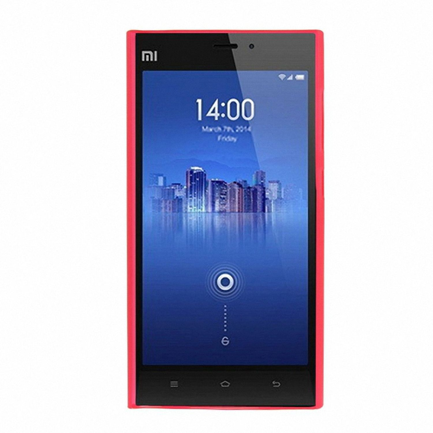 Ein rotes Telefon mit schwarzem Bildschirm, der Bildschirm zeigt die Uhrzeit an.