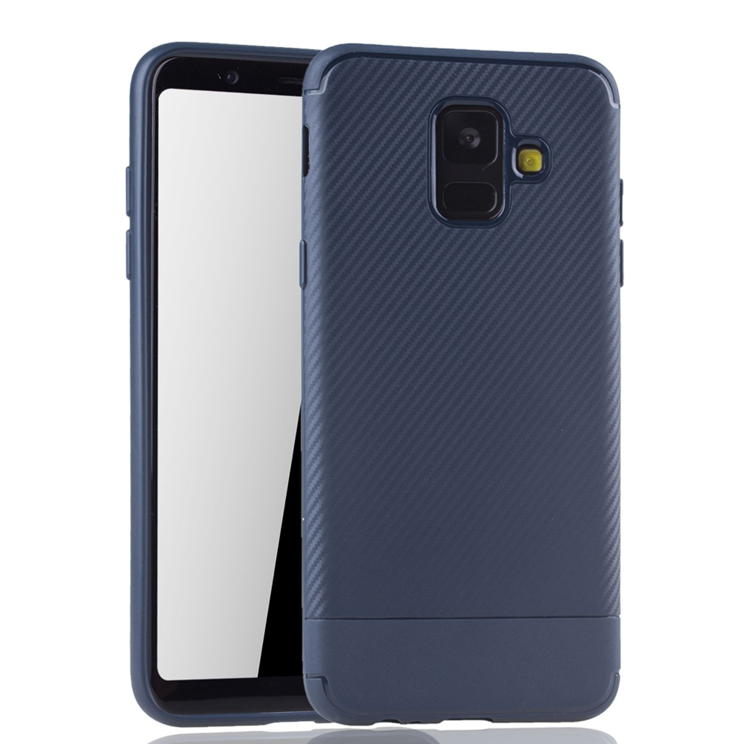 Dunkelblaue Handyhülle mit einem Telefon darin. Das Case hat ein strukturiertes Aussehen und einen Kameraausschnitt.
