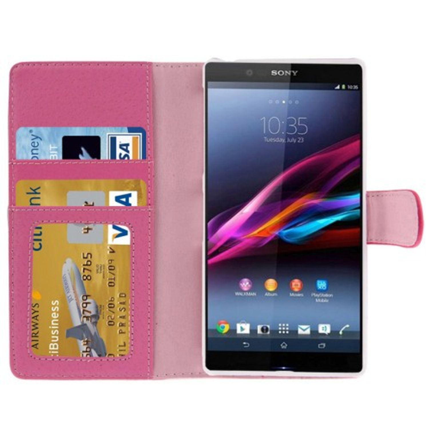 Rosa Handyhülle mit Karten links und einem Sony-Smartphone rechts. Das Telefon zeigt die Uhrzeit an.