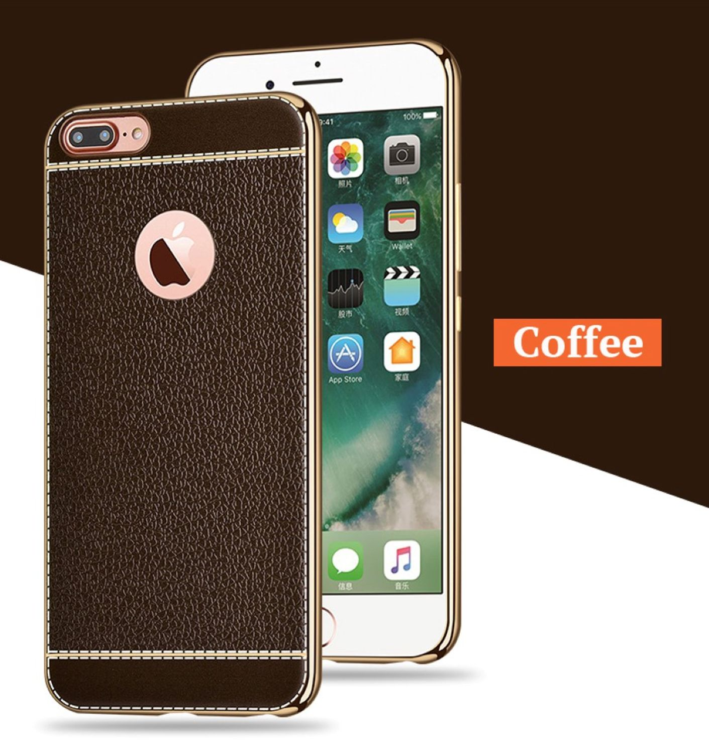 Braune Leder-Handyhülle mit goldenem Rahmen. Das Telefon ist weiß mit goldenem Rahmen.