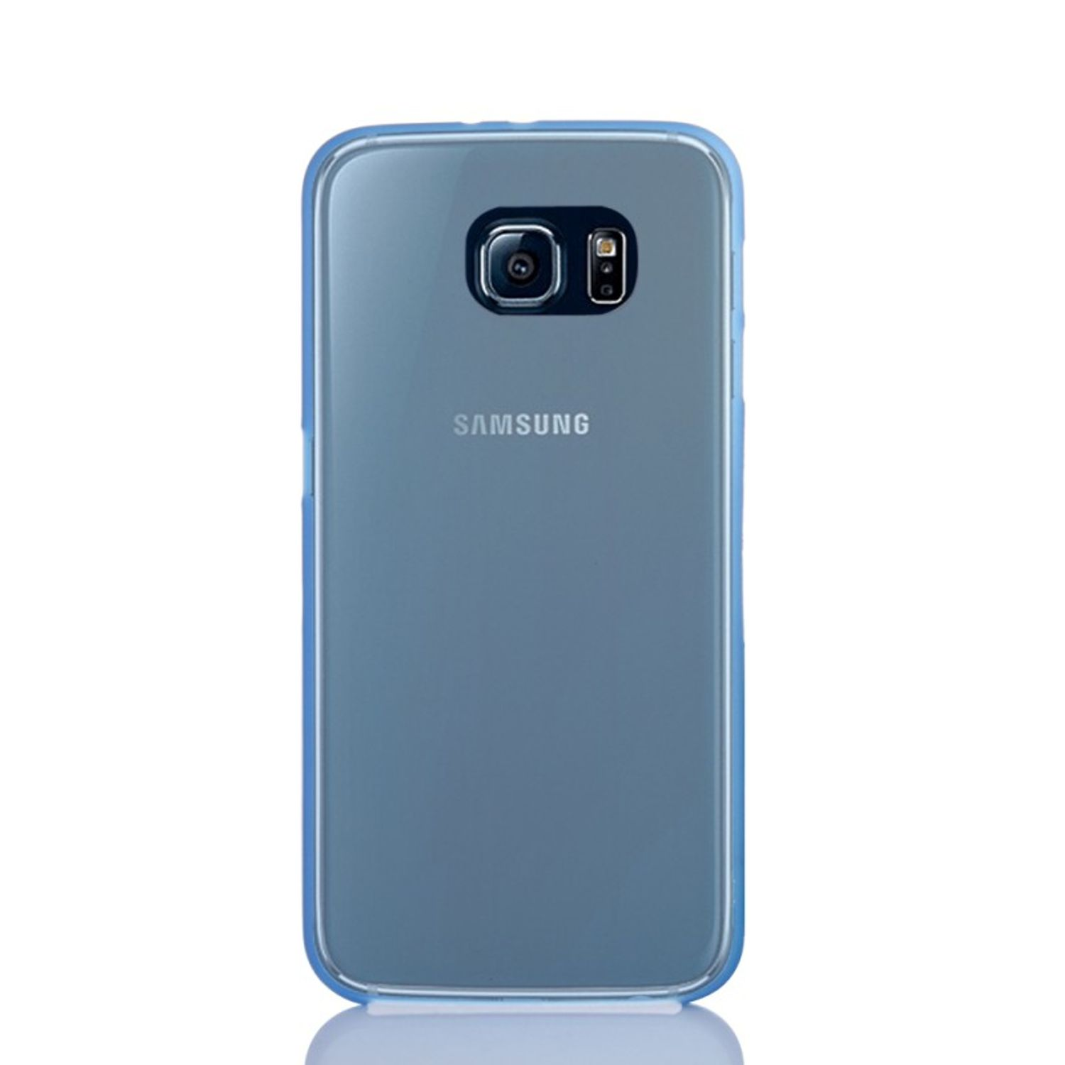 Blaue Handyhülle mit Kamera und Samsung-Logo. Weißer Hintergrund.