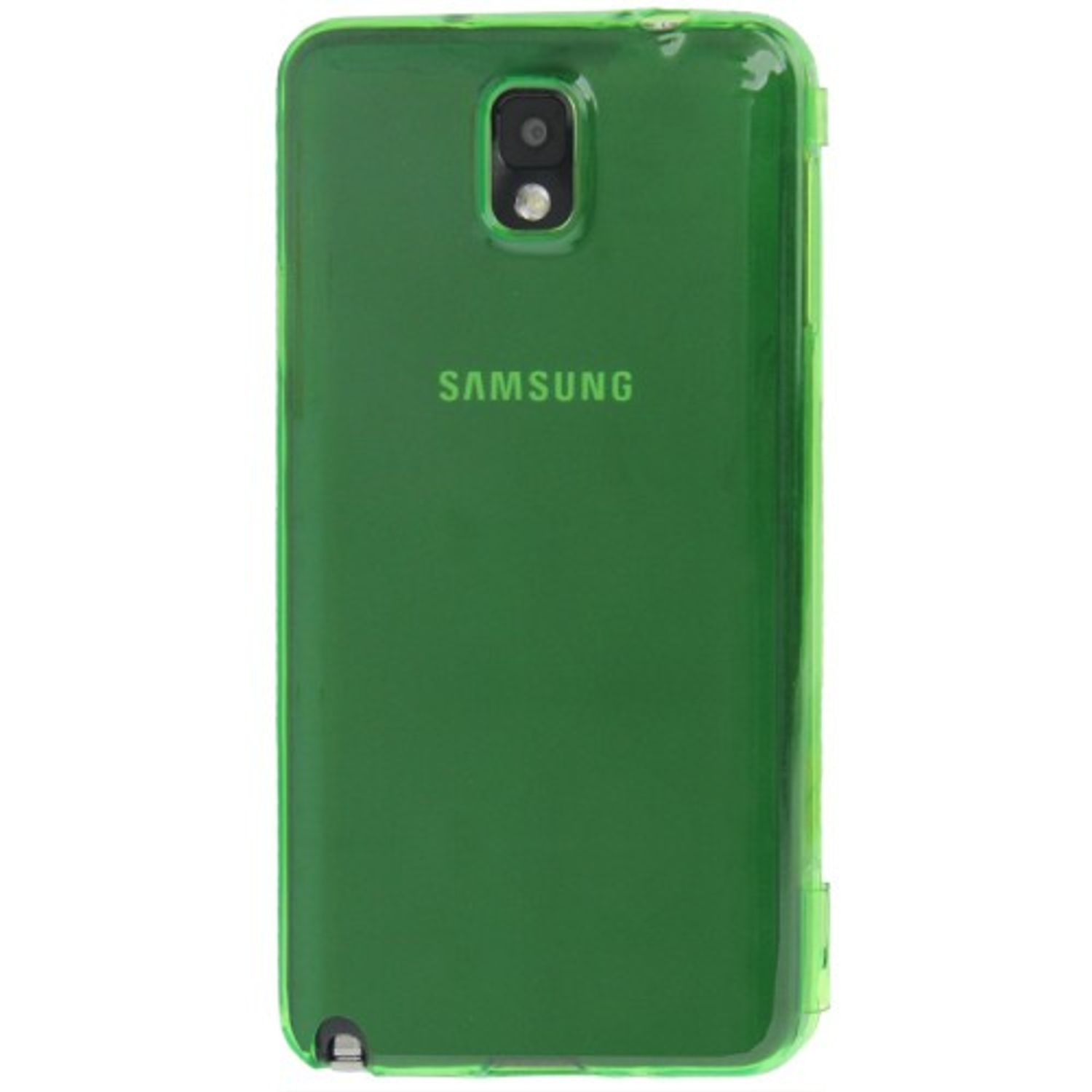 Grüne transparente Handyhülle mit Samsung-Logo und Kamera.