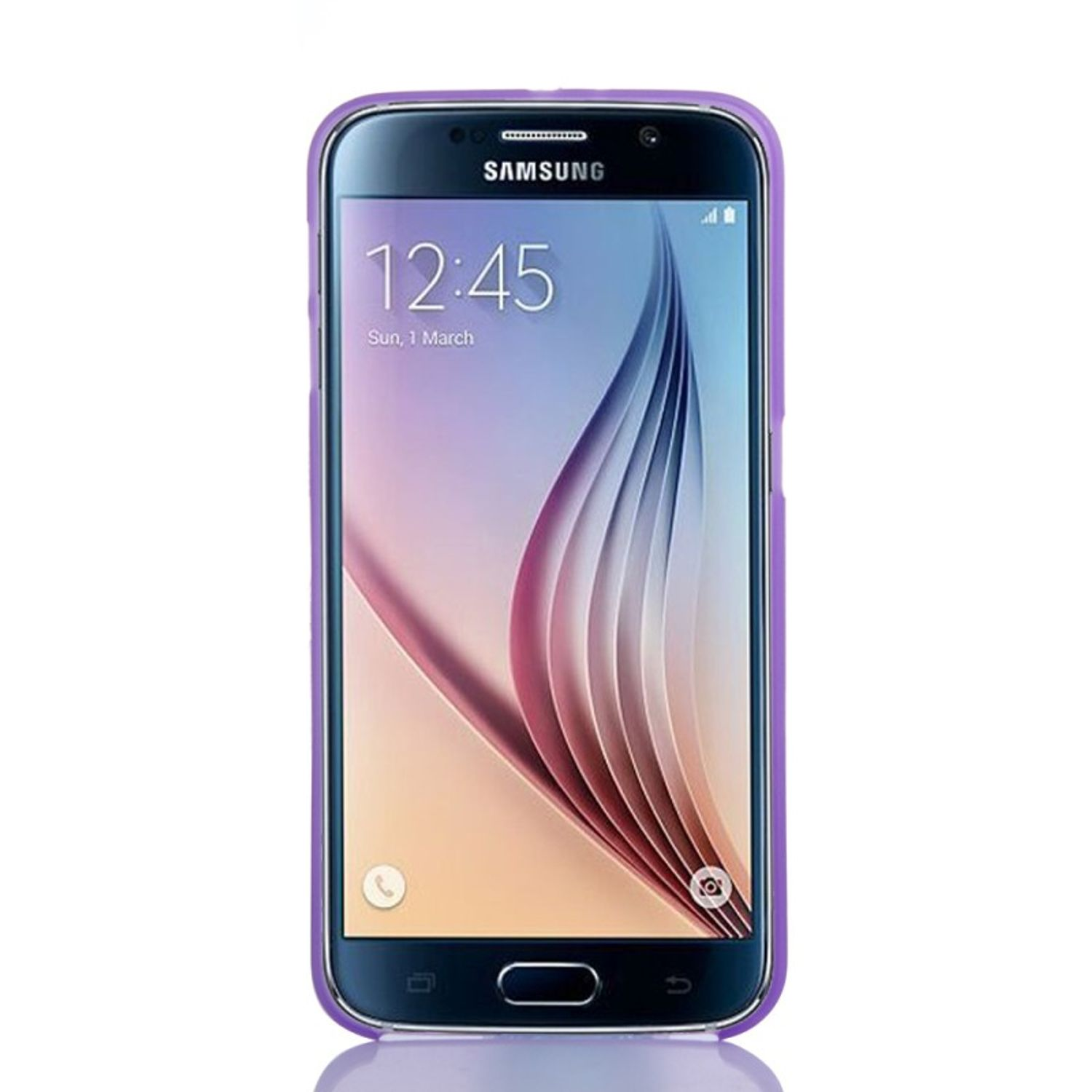 Ein Samsung-Telefon in einer lila Hülle. Der Bildschirm zeigt 12:45, So, 1. März.