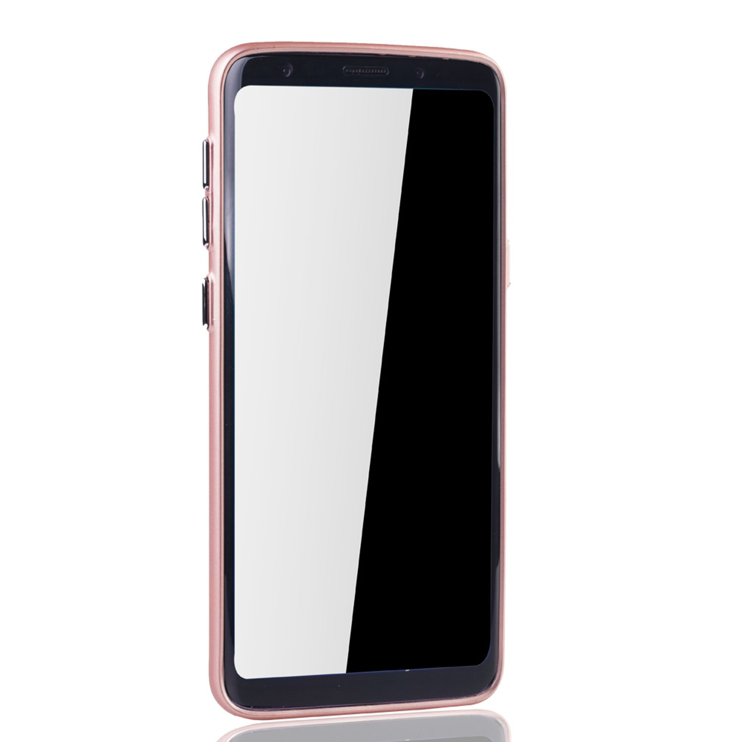 Roségoldenes Telefon mit schwarzem Bildschirm, auf weißer Oberfläche, mit Reflexion.