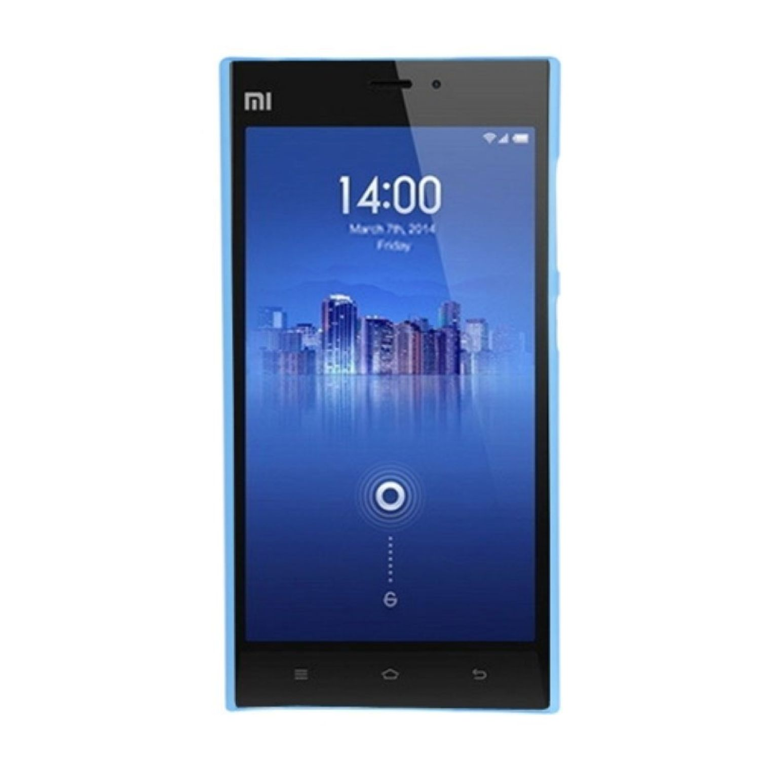 Ein blau gerahmtes Smartphone zeigt die Uhrzeit 14:00 Uhr. Der Hintergrund ist eine Skyline.